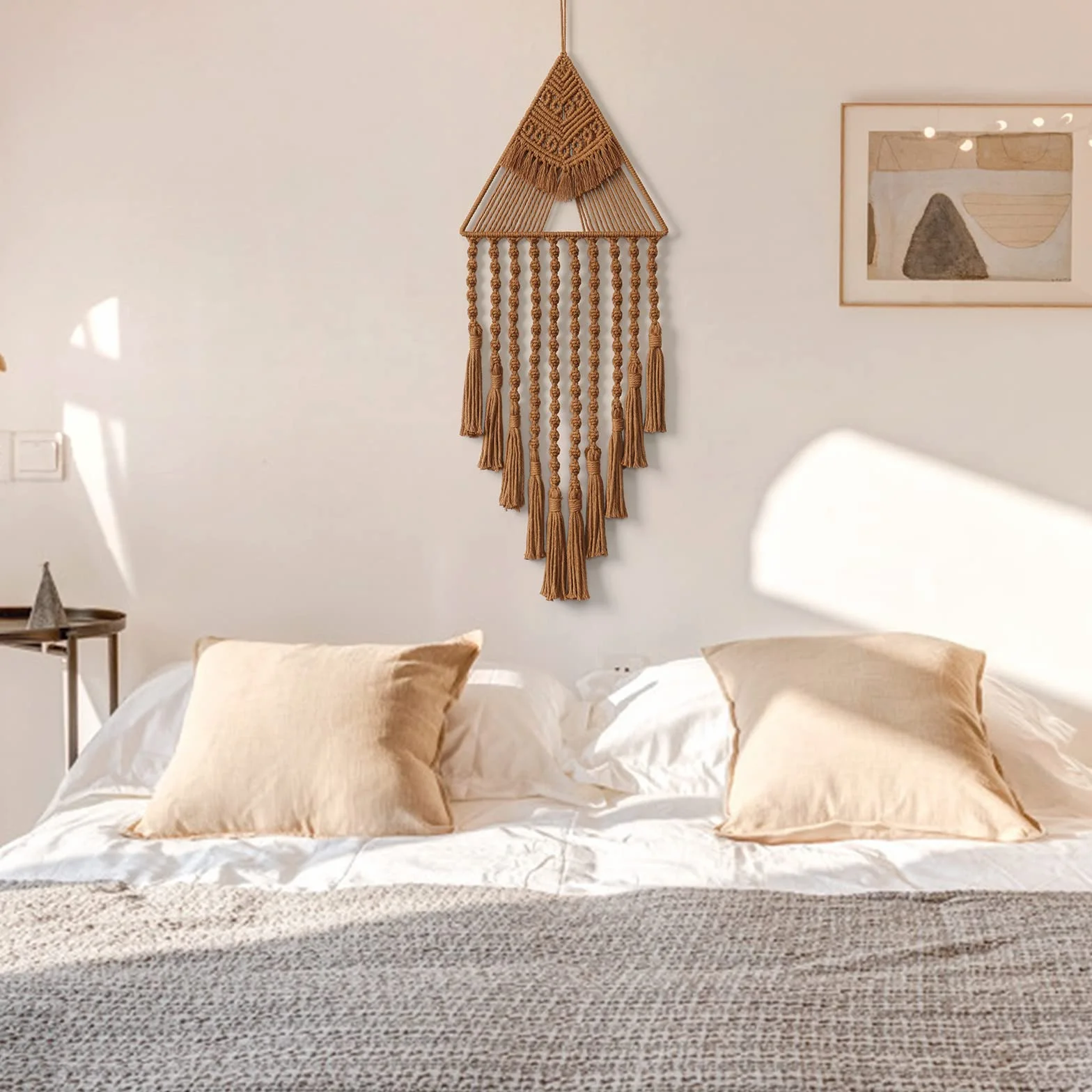 Boho Macramé Tenture Murale Géométrique Art Mural Tissé Attrape-rêves Tapisserie Murale Coton Fait à la Main Marron
