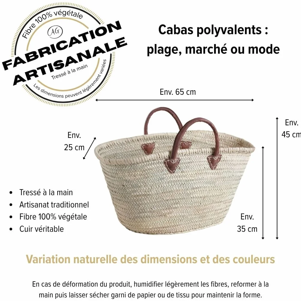 AUBRY GASPARD Panier Cabas en Palmier Naturel avec Poignées en Cuir Design Moderne Rangement Décoratif