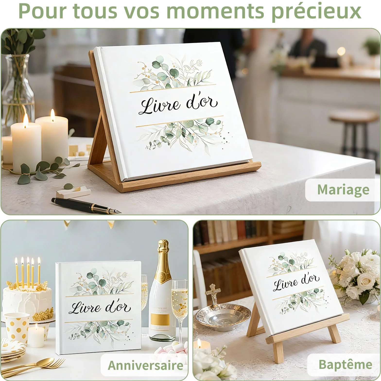 Livre d'or élégant à couverture rigide, 120 pages pour mariage, anniversaire, baptême