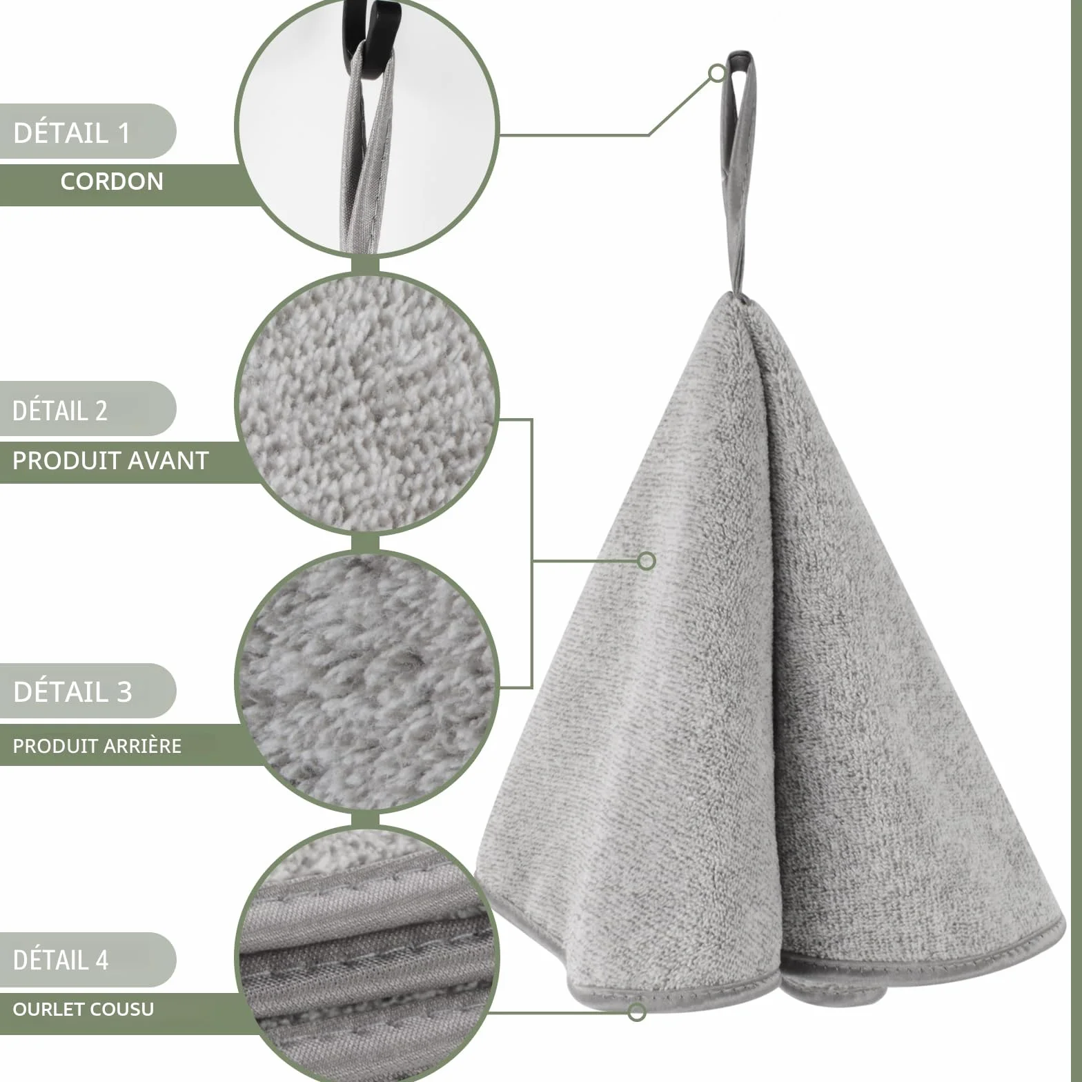 VIVOTE Lot de 2 Torchons Mains Cuisine Anneaux Essuie-Mains Salle de Bain Doux Absorbants Séchage Rapide Fibre Carbone Suspendre Cordon Gris 50x50 cm