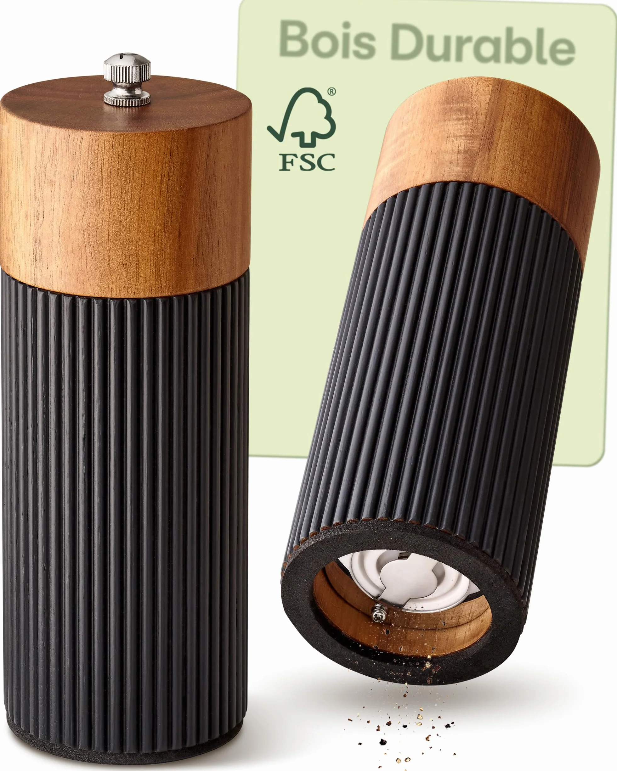 Moulin à Poivre et Sel Manuel en Bois d'Acacia FSC® avec Mécanisme Céramique Réglable Noir Petit