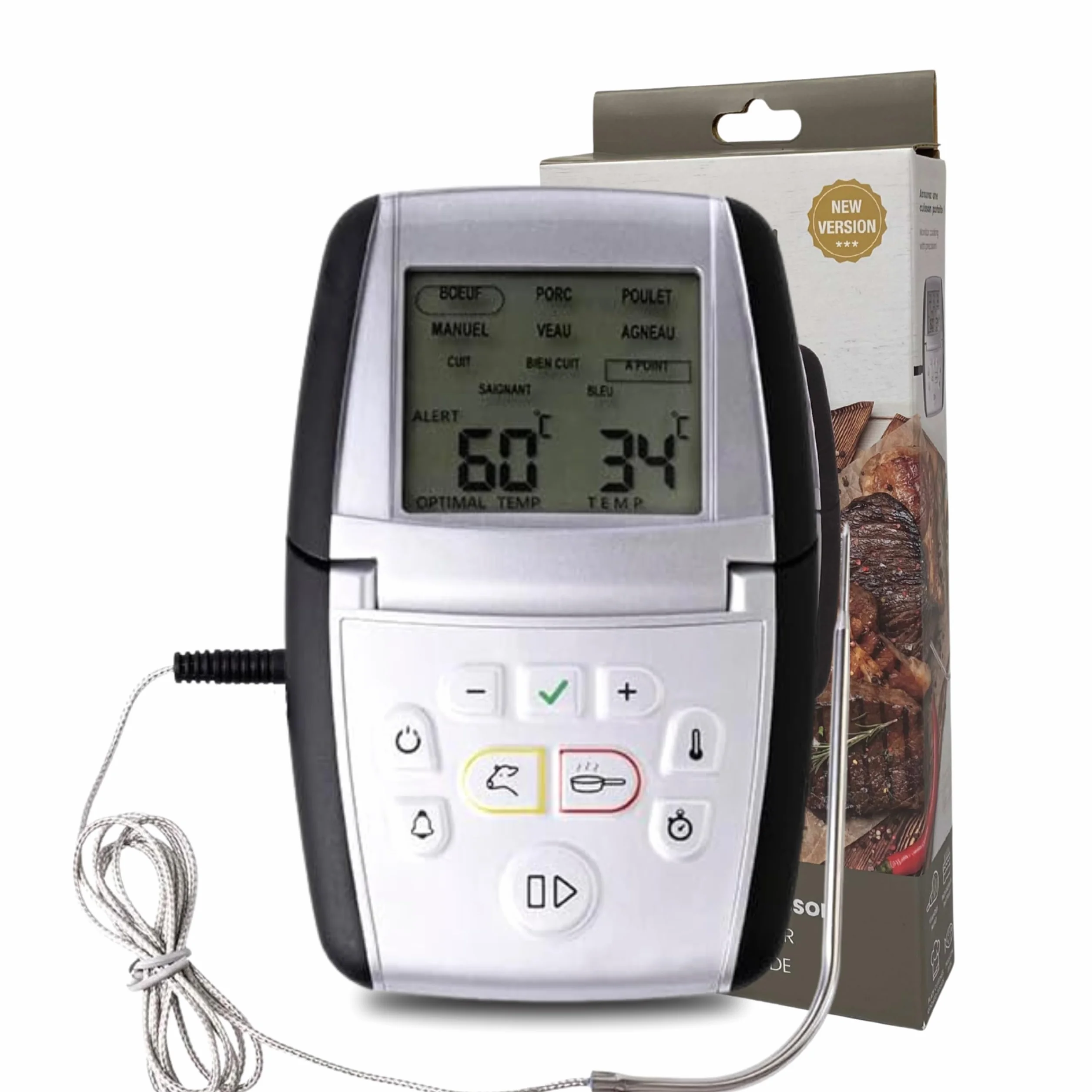 Mastrad Thermosonde De Cuisson m°classic+ Thermomètre Sonde 0-210°C Programmable Viande Cuisson Compatible Four BBQ Induction Alarme Temps Restant 1 Pile AAA