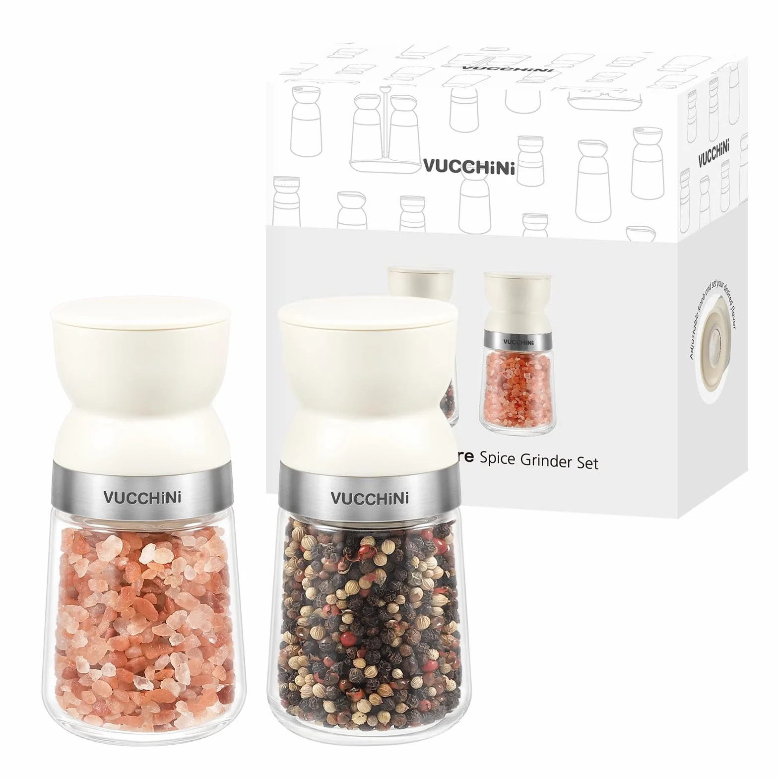 Vucchini Moulin à Sel et à Poivre 2 Ensembles avec Noyau en Céramique, Grosseur Ajustable, Beige