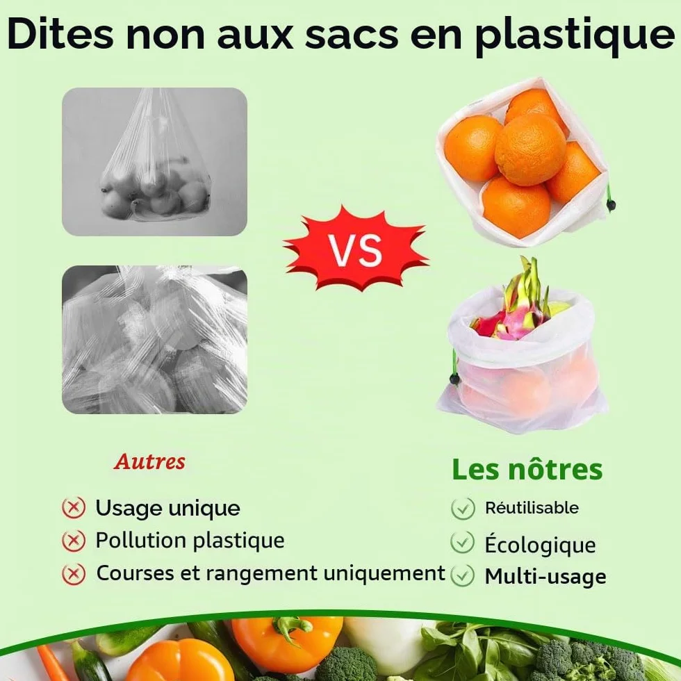 Sac de Cordon en Maille 35 x 30 cm Lavable Anti-Moisissure Nylon Réutilisable Portable pour Shopping Stockage Fruits Légumes