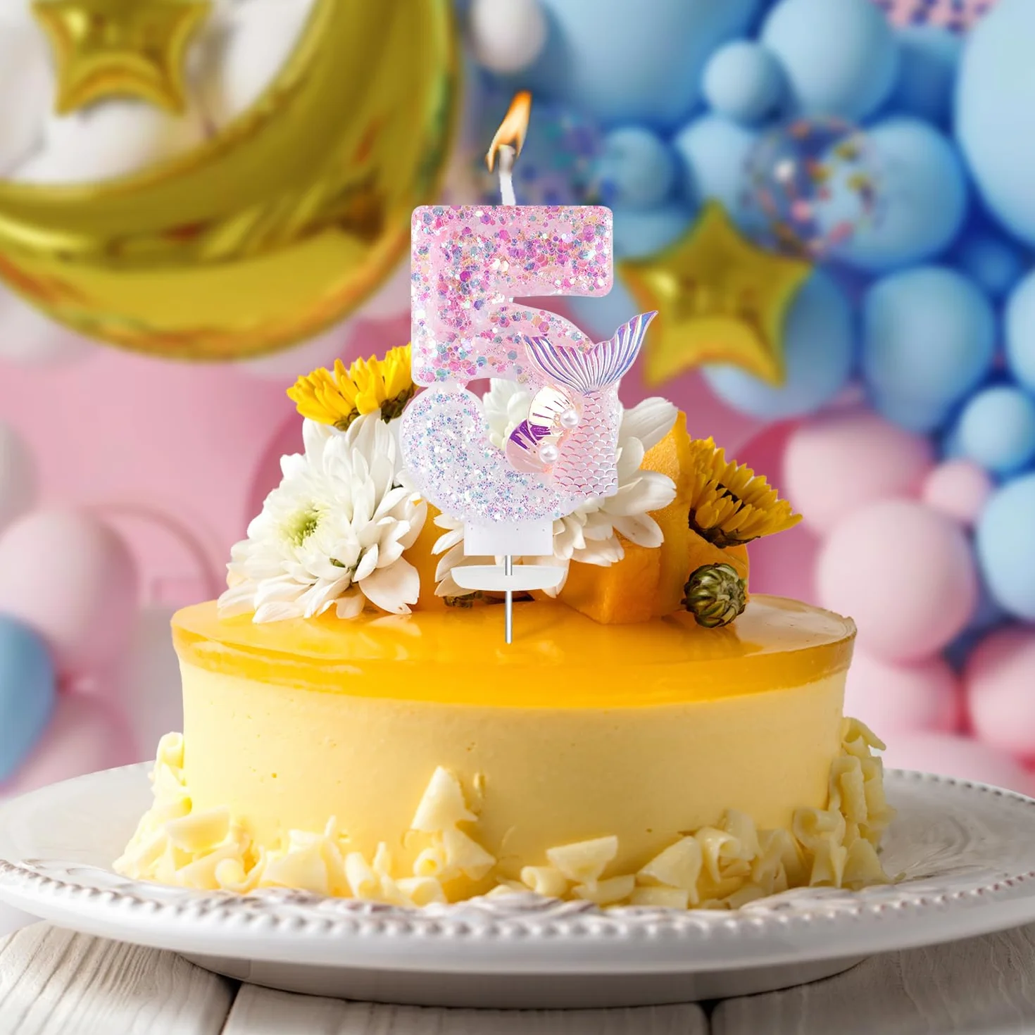 Bougies d'anniversaire Numéro 5, 3D Rose Bougie Chiffre 5, Sirènes Décoration Gâteau Anniversaire