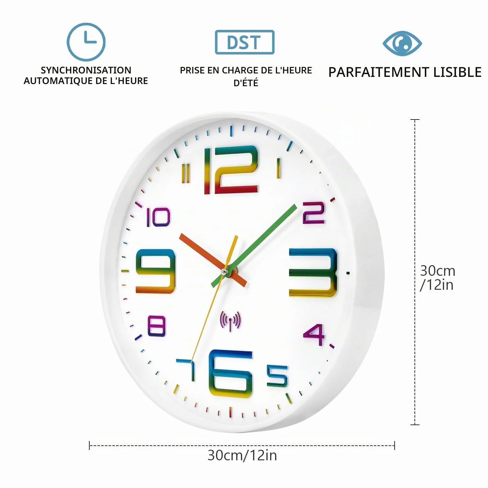 VIVILINEN Horloge Murale Radio Pilotée Silencieuse 30cm sans tic-tac Pendule à Grands Chiffres pour Chambre Cuisine Salon Automatique (Blanc)