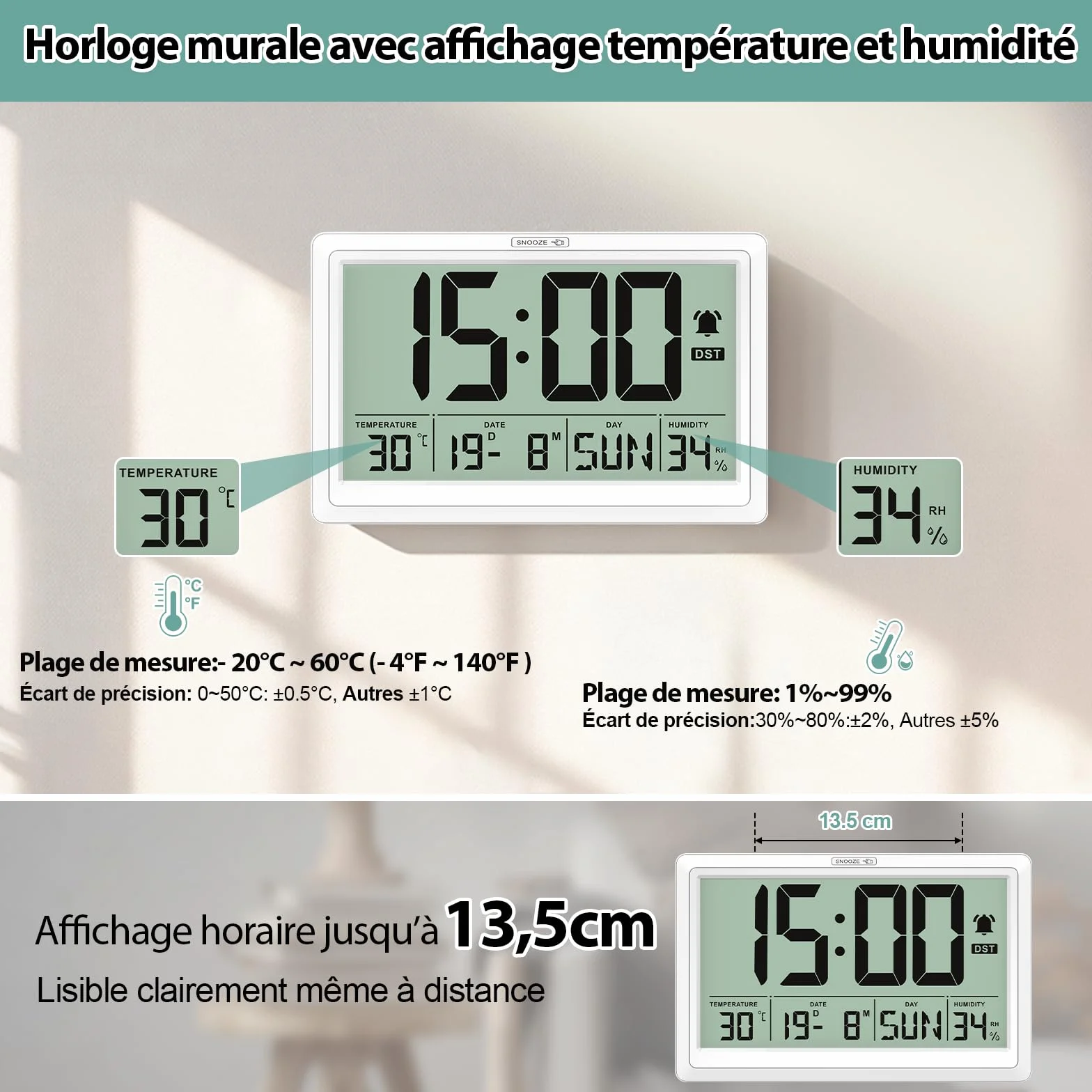 XREXS Horloge Murale Numérique 19,4 x 10,4 cm - Écran LCD HD, Réveil, Température & Humidité, 12/24h