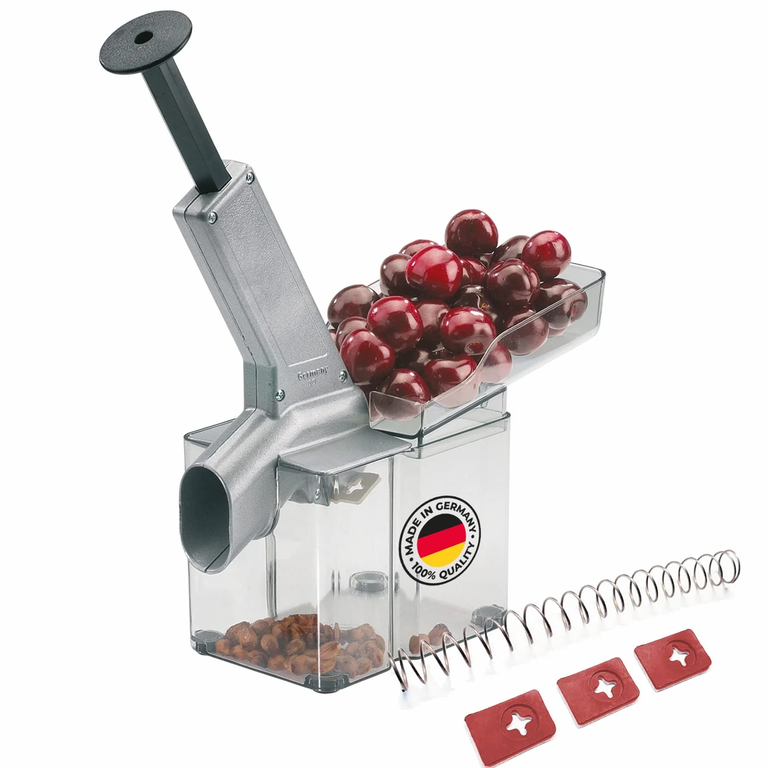 Westmark Kirschomat Dénoyauteur à Cerises avec Goulotte et Caissette à Noyaux, Plastique/Inox/Aluminium, Argenté/Noir/Transparent