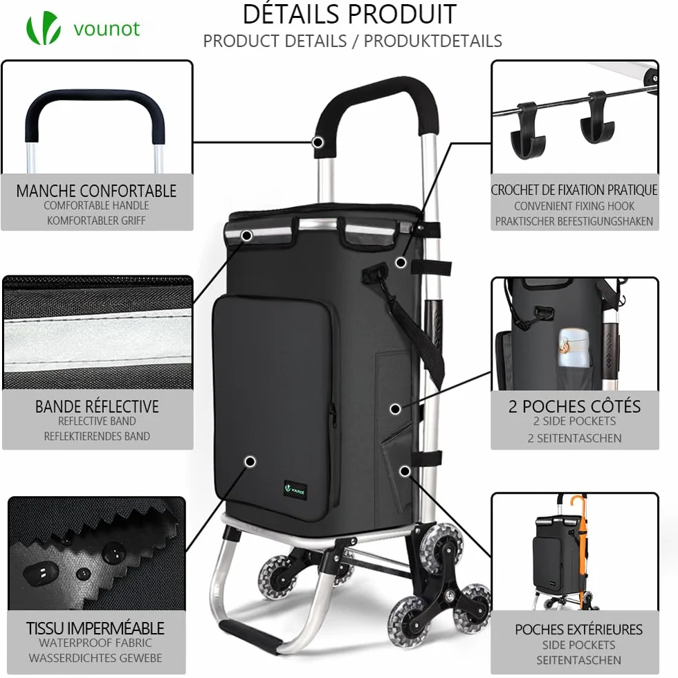 VOUNOT Chariot de Courses 6 Roues en Aluminium Isotherme Pliable 3 en 1 Noir