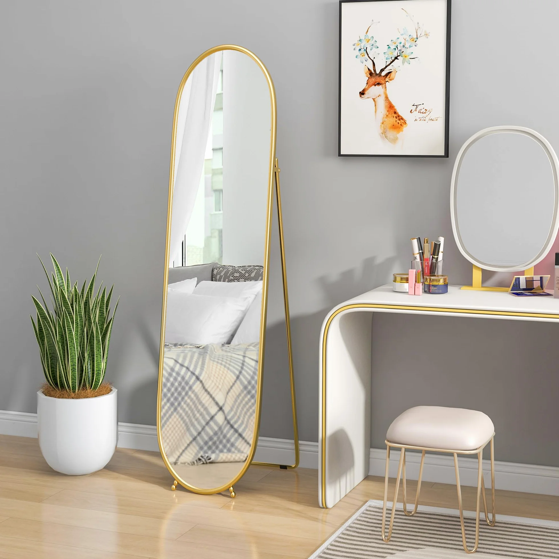 HOMCOM Grand Miroir sur Pied Ovale Cadre en métal doré 40 x 160 cm
