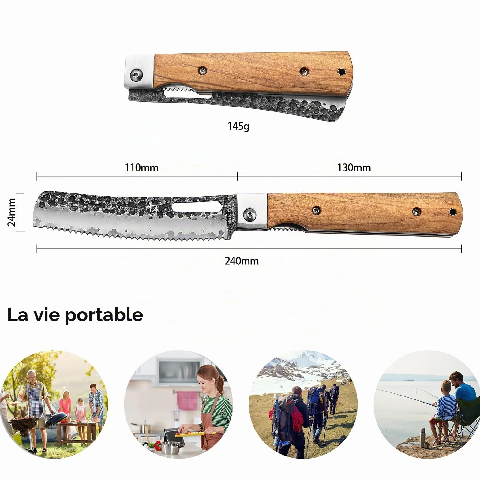 SENBON 440 Couteau à Pain Pliant Acier Inoxydable Camping Portable Manche Olive