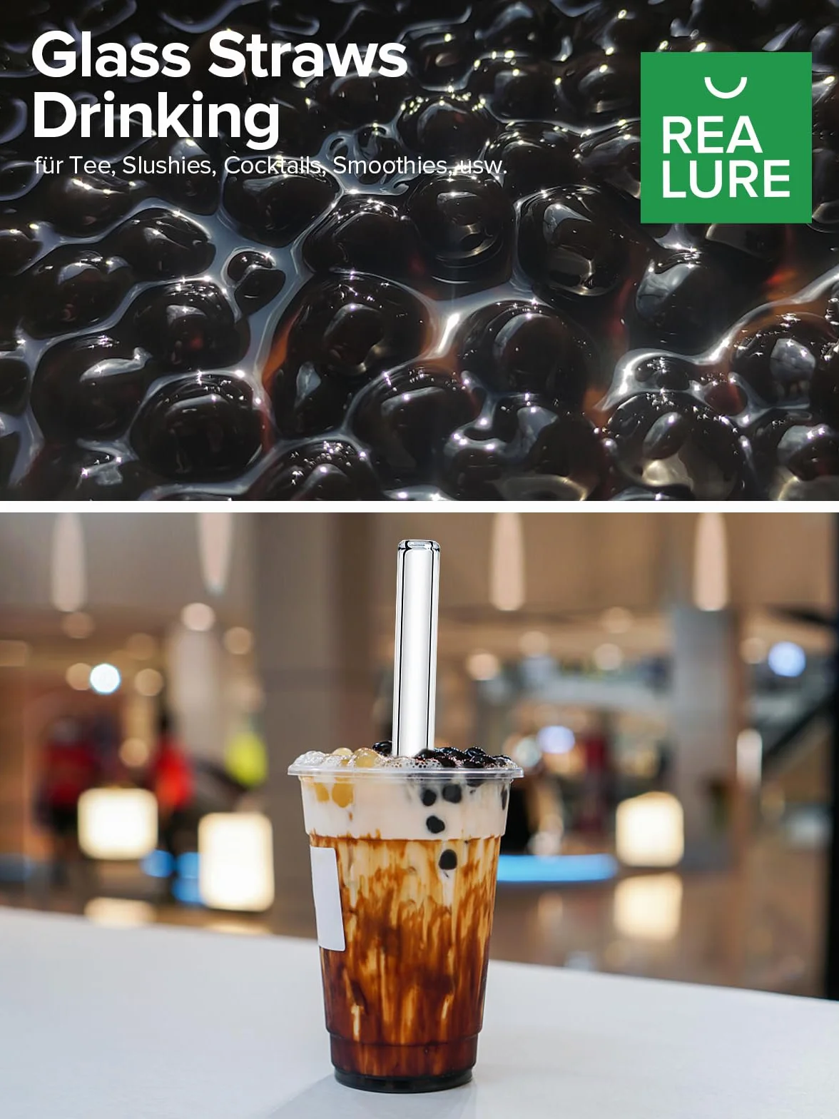Realure Lot de 4 Pailles en Verre Transparente 14mm 21.5cm pour Bubble Tea Smoothie Cocktail