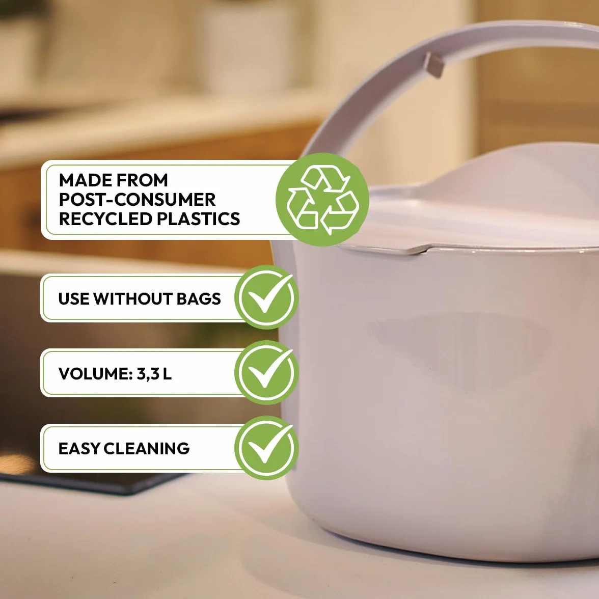 Skaza Organko Daily Poubelle à Compost 3,3L – Petite Poubelle de Cuisine avec Couvercle, Plastique Recyclé, Cappuccino
