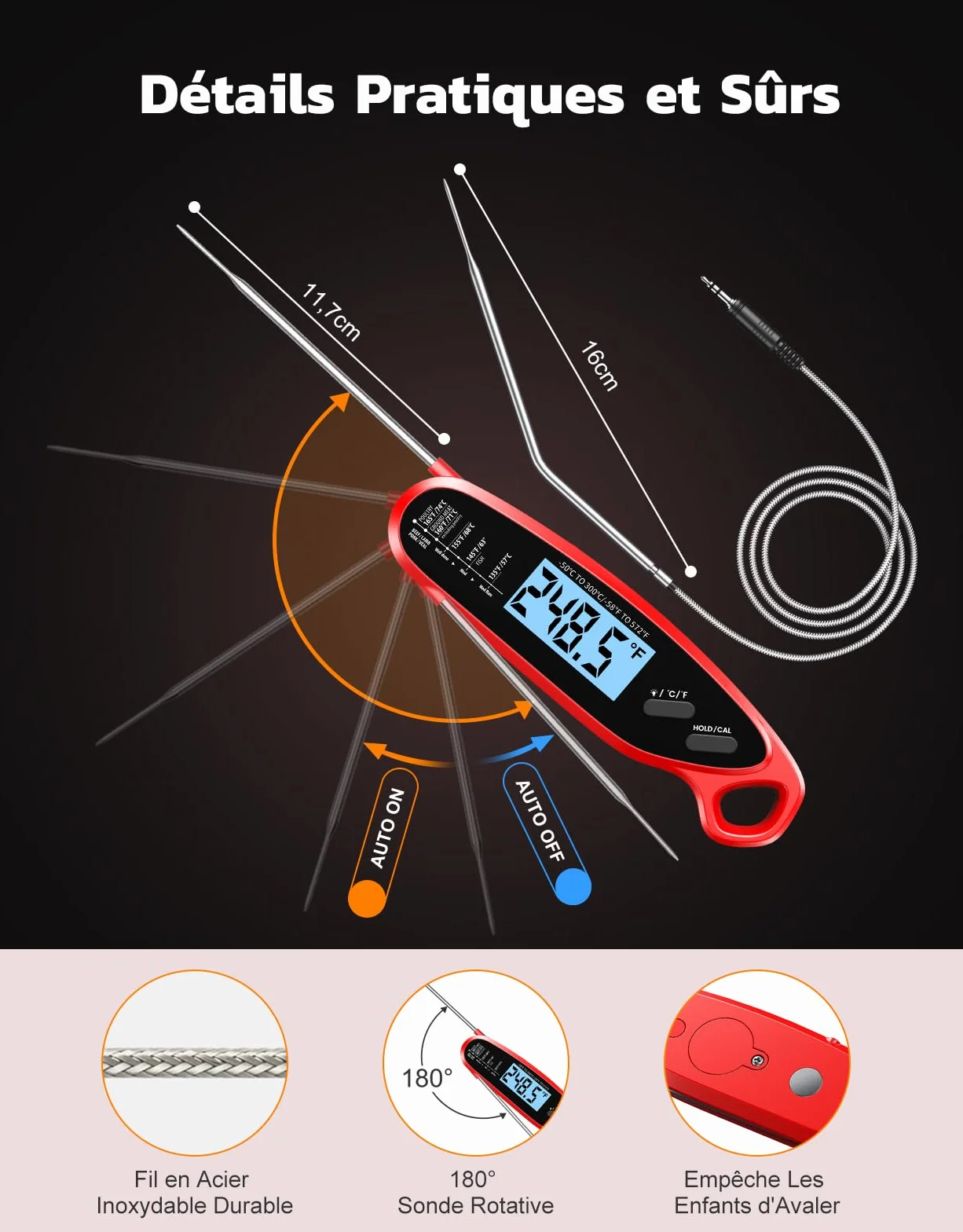 Thermomètre Cuisine Double Sondes Pliables 3s Lecture Instantané Digital Rétroéclairage LCD Calibration Cuisson Ustensile Four BBQ Fumoir