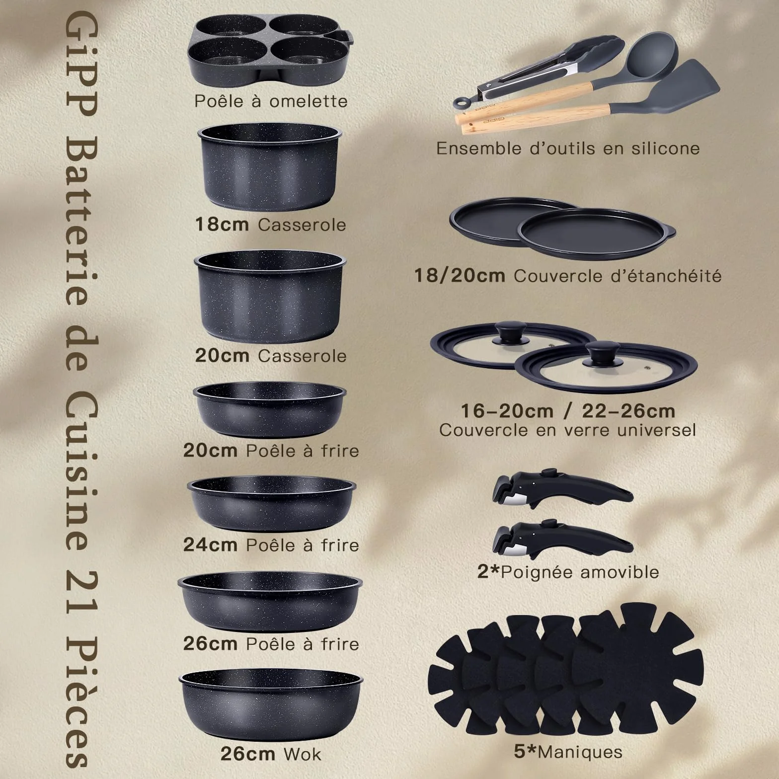 GiPP Poêles et Casseroles Antiadhésives Granit 21PCS Amovible Tous Feux Noir