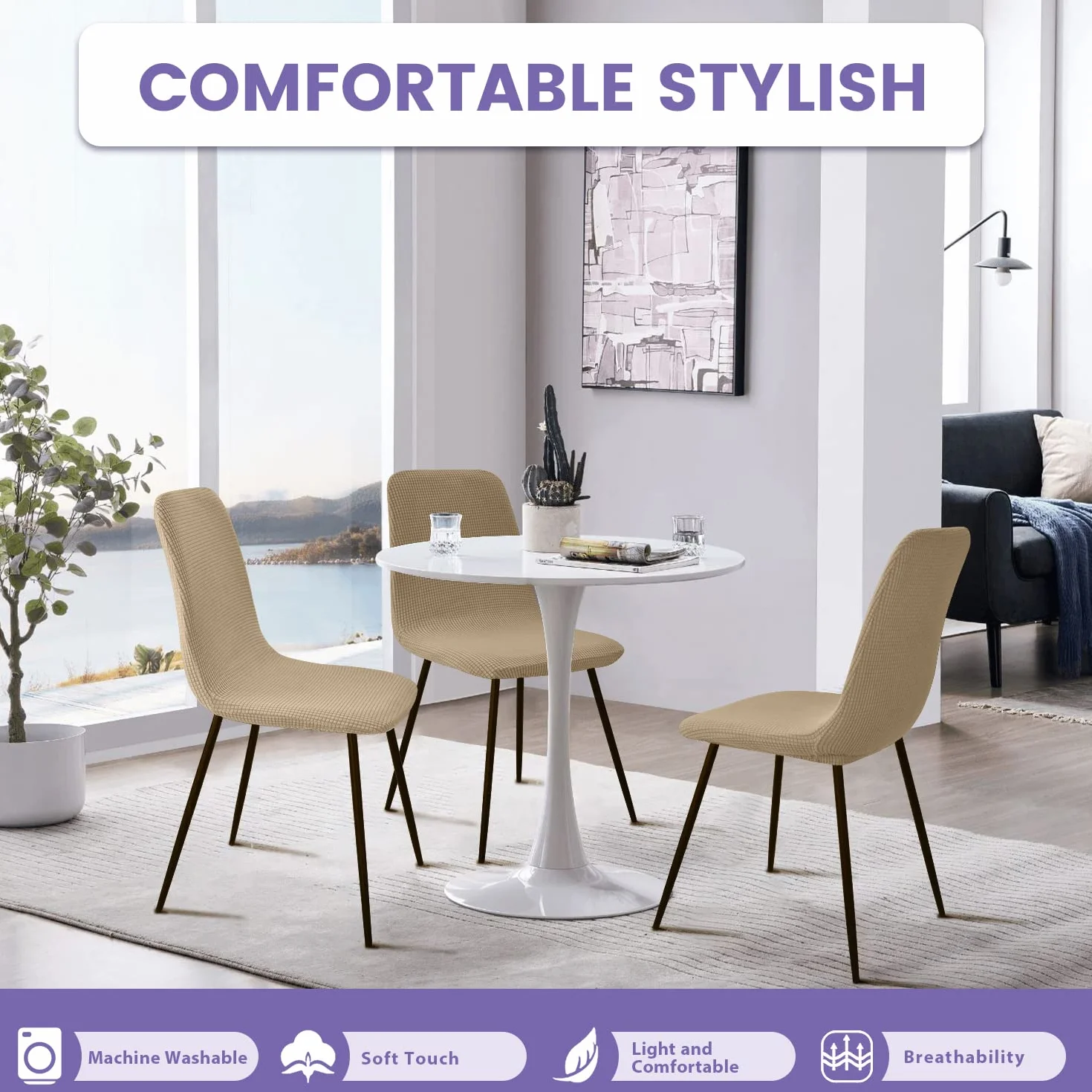 Y-Beige Housse de Chaise Extensible 4 pièces, Housse de Salle à Manger Amovible Lavables Jacquard