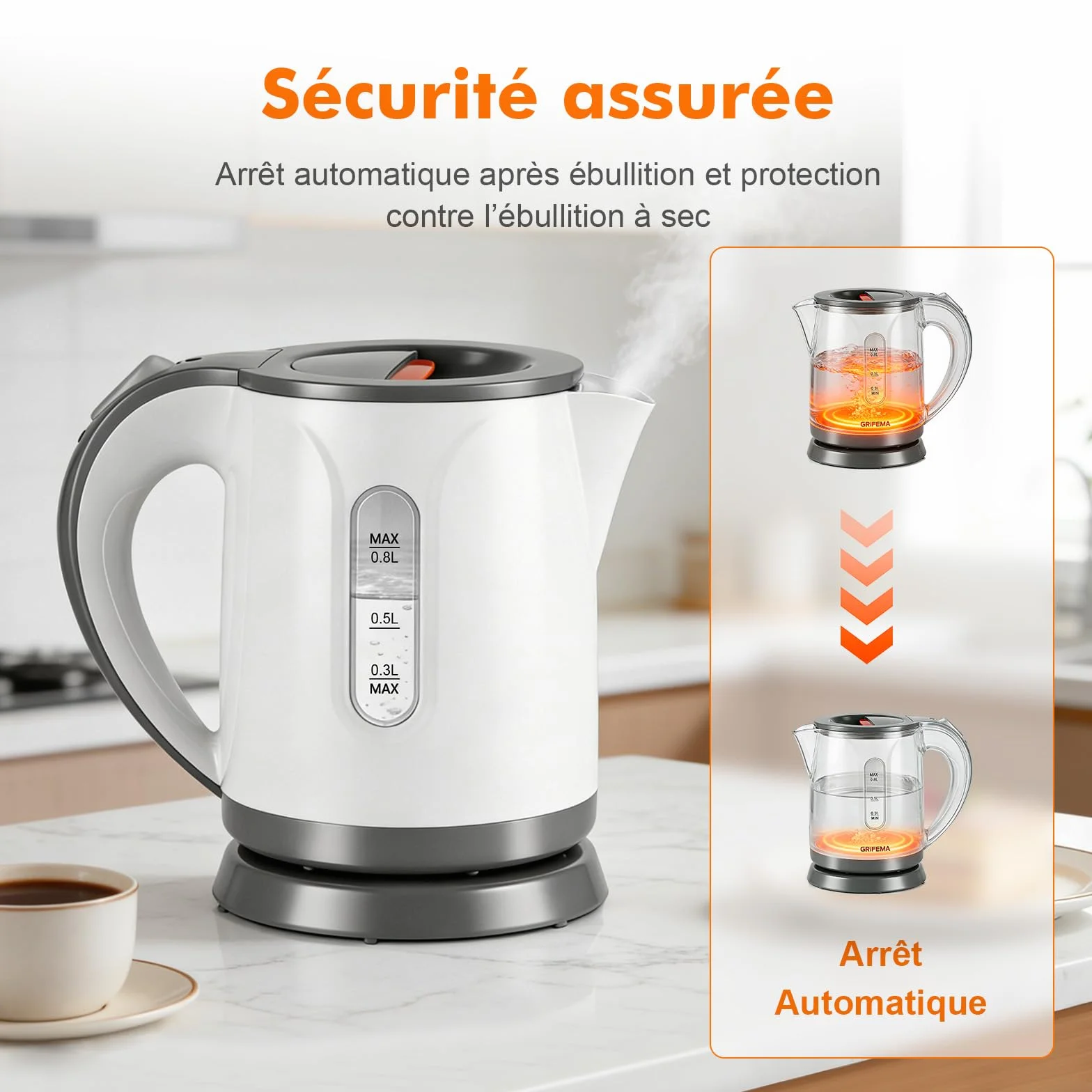 GRIFEMA GC1001 Bouilloire Électrique 0,8L 1100W Filtre Anti-Calcaire Amovible Arrêt Automatique
