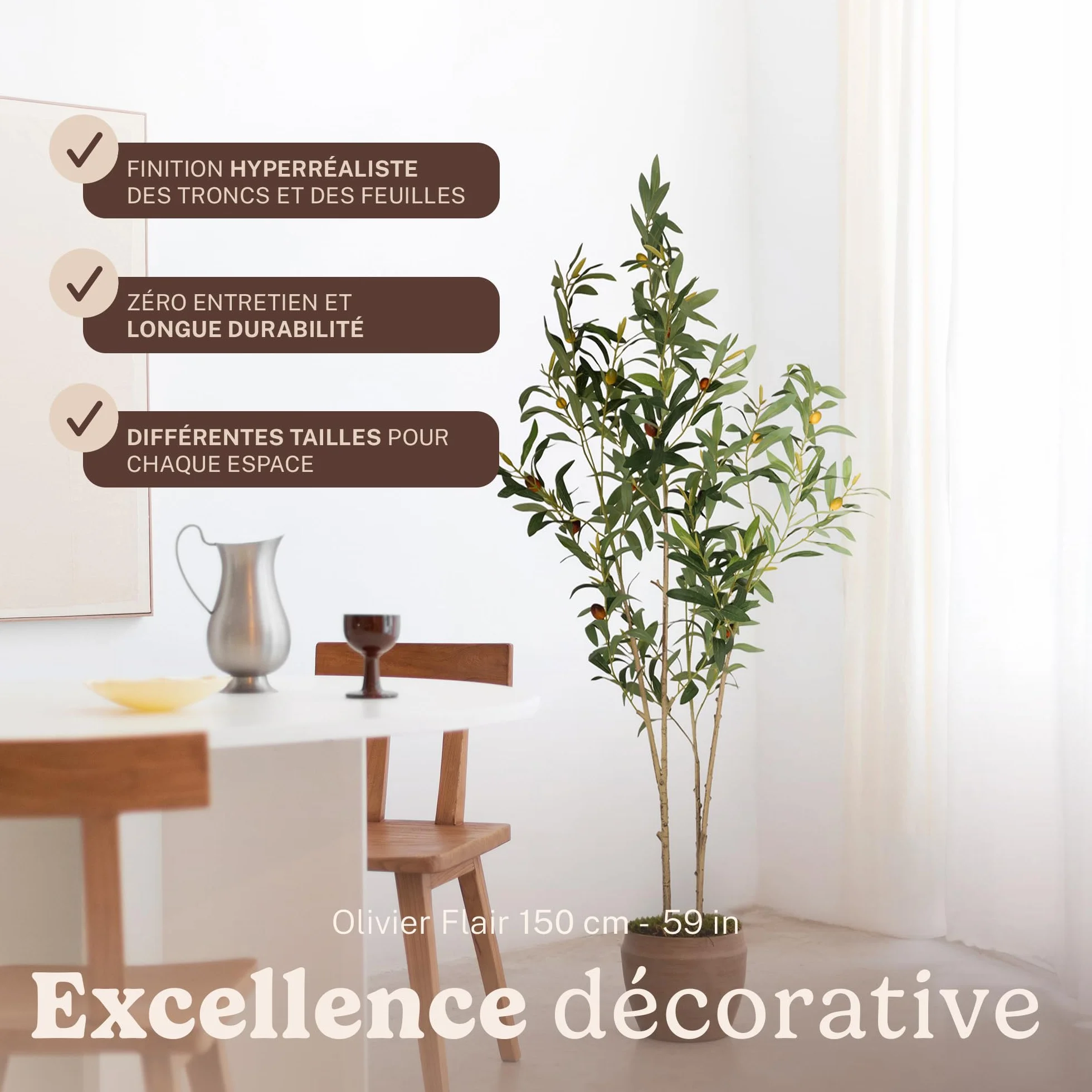 Olivier Artificiel 150 cm Plante Artificielle décorative avec Pot Inclus Style méditerranéen Moderne