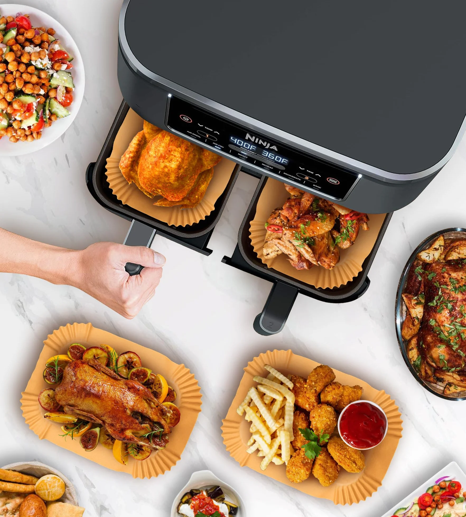 Papier Cuisson Air Fryer 100 szt, Papier Sulfurisé Air Fryer Accessoires Double Stack XL SL400EU, AF400EU, AF300EU, 22x14cm Rectangulair Paper Liners Friteuse Sans Huile