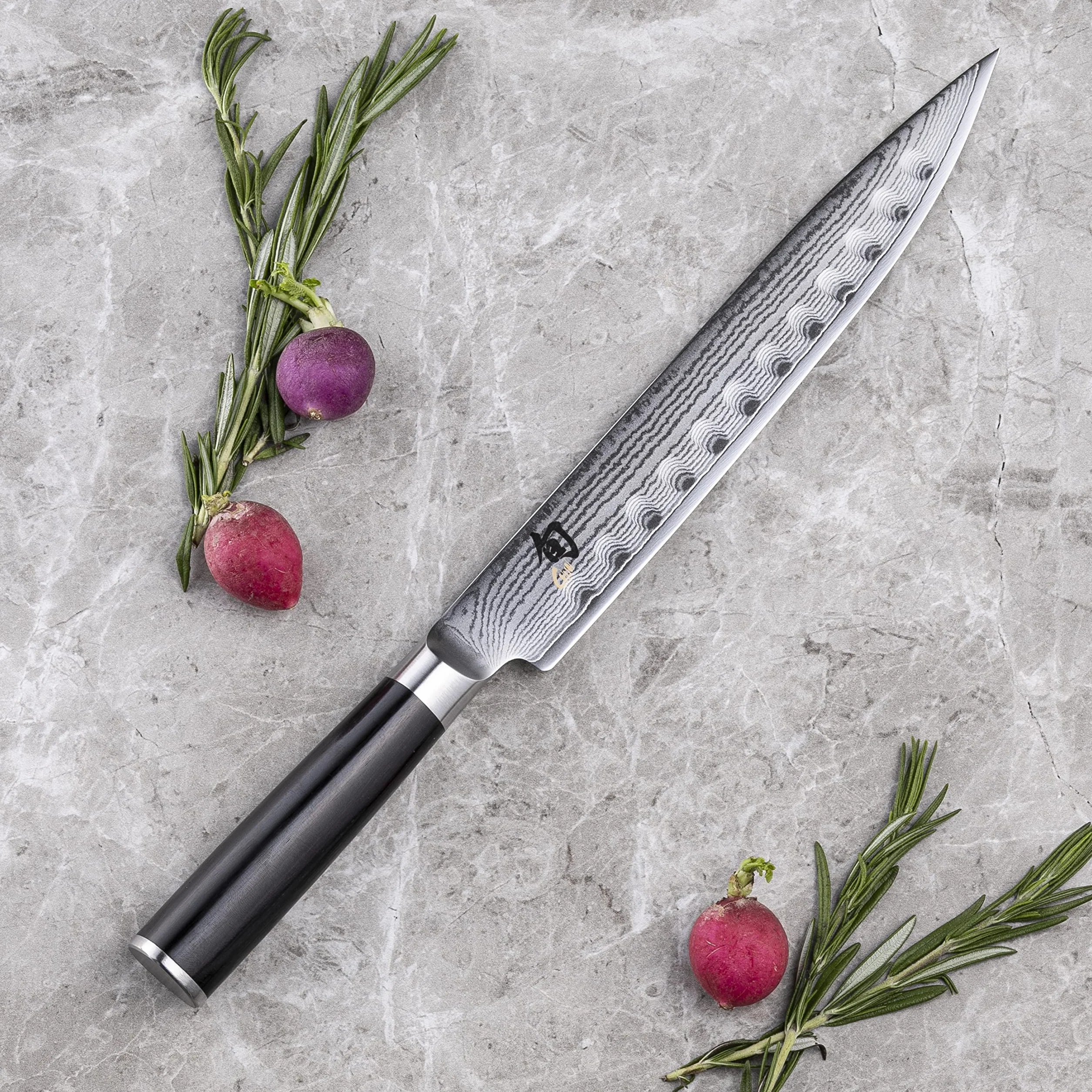 KAI Shun Classic Couteau à Jambon Japonais 23 cm Lame Granton Damas 32 Couches Noyau VG MAX 61 HRC Bois Pakka Forgé