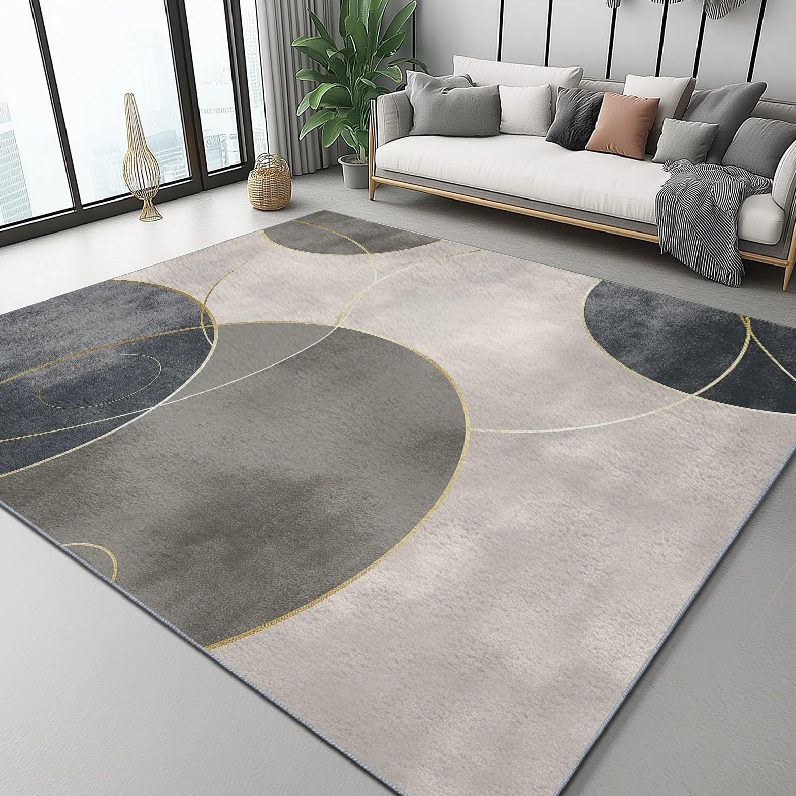 Tapis de Salon Gris Clair Motif Cercles 140 x 200 cm Poil Court