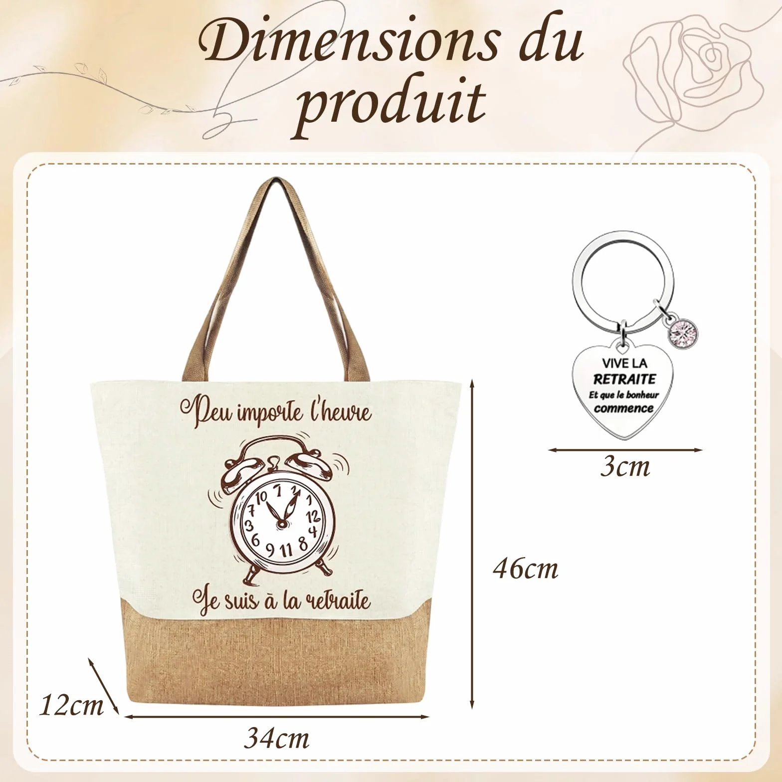 Sac Cabas Toile Robuste Porte-Clés Cadeau Retraite Femme