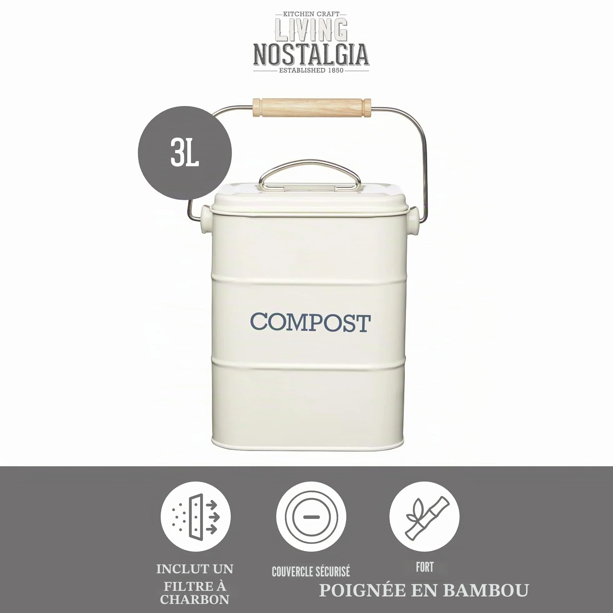 KitchenCraft Living Nostalgia Composteur De Cuisine Métal 16,5x12x24 cm Crème Antique