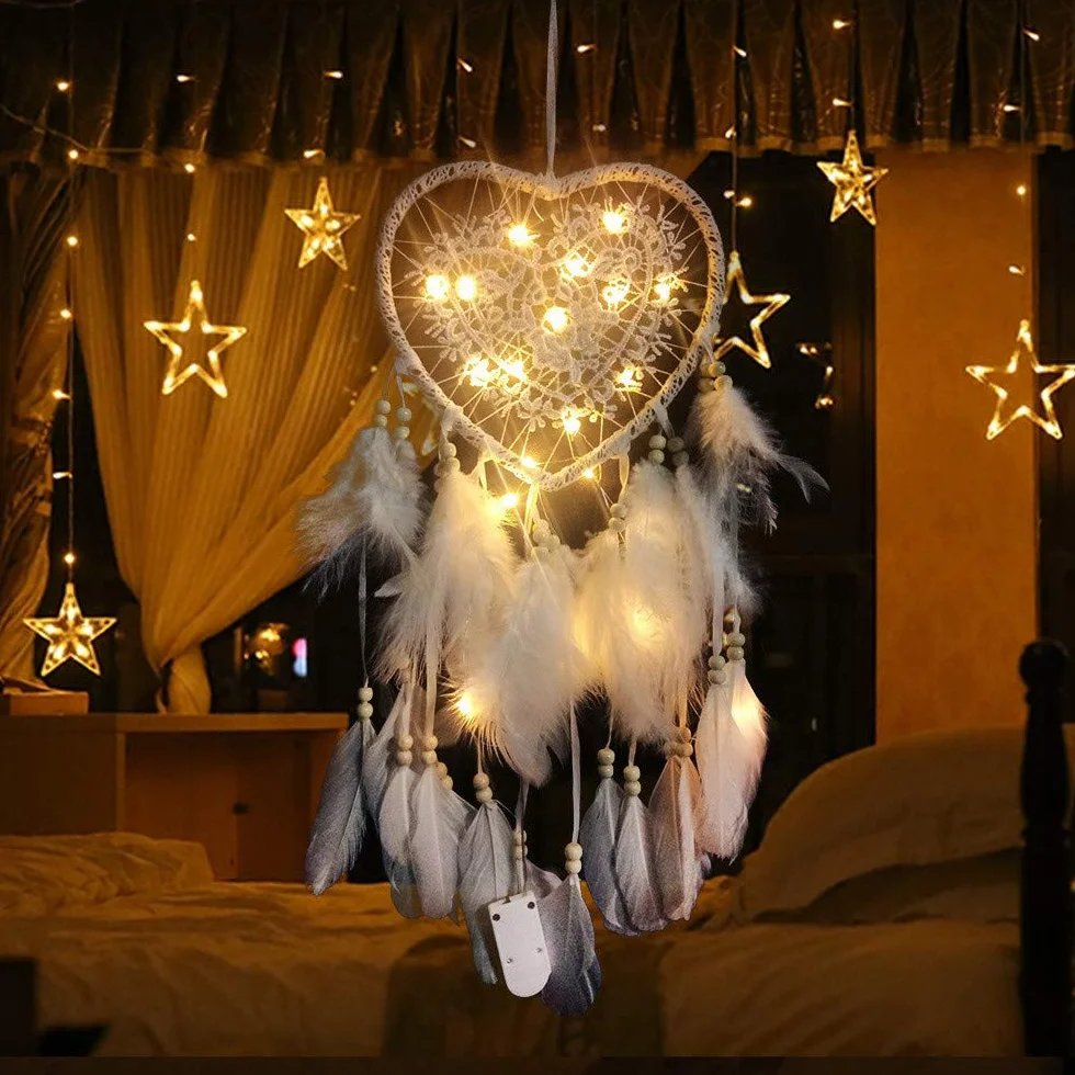 Attrape-rêves en forme de cœur LED bohème fait main blanc