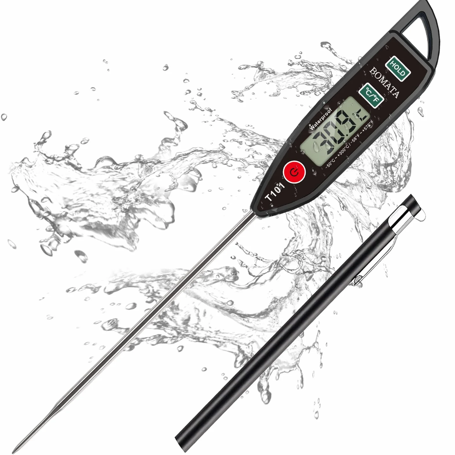 BOMATA Thermomètre étanche IPX7 T101 Noir, sonde longue lecture instantanée
