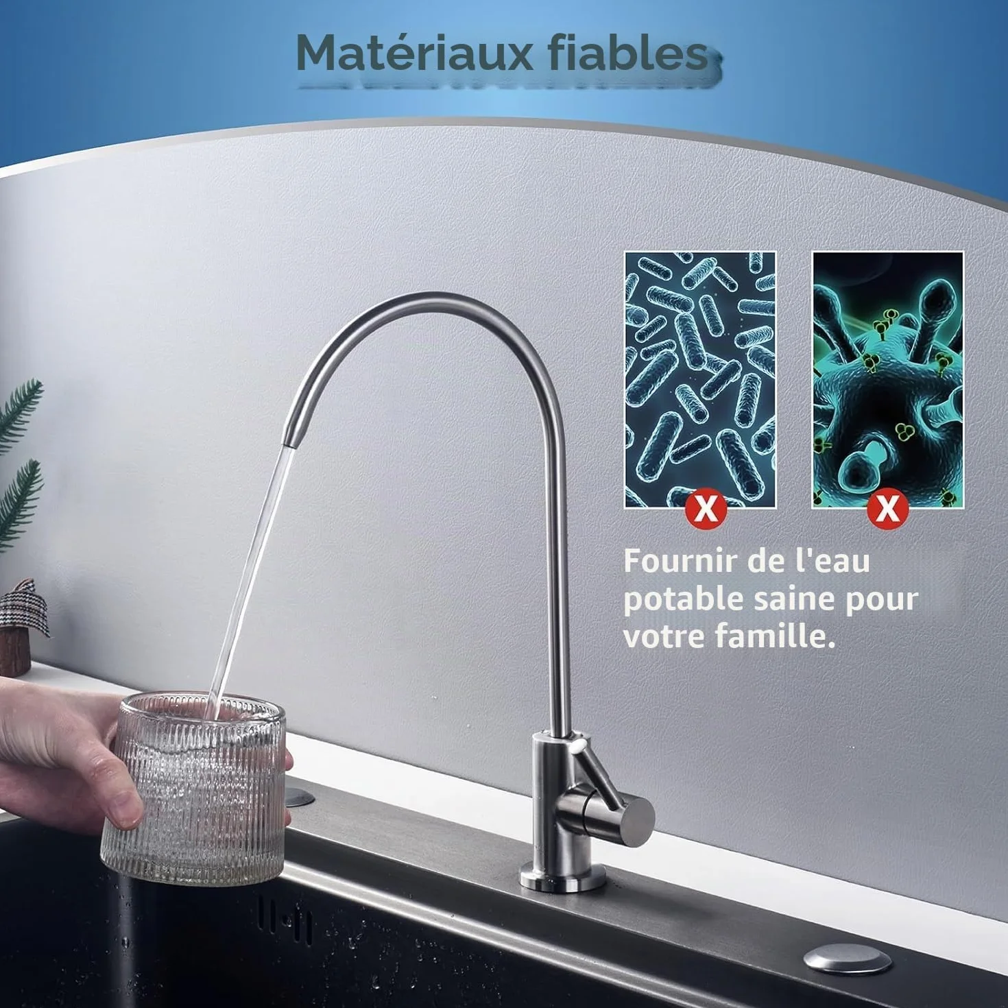 Robinet de Filtre à Eau Inox 1/4", 360° Pivotant pour Osmose Inverse Sous Évier