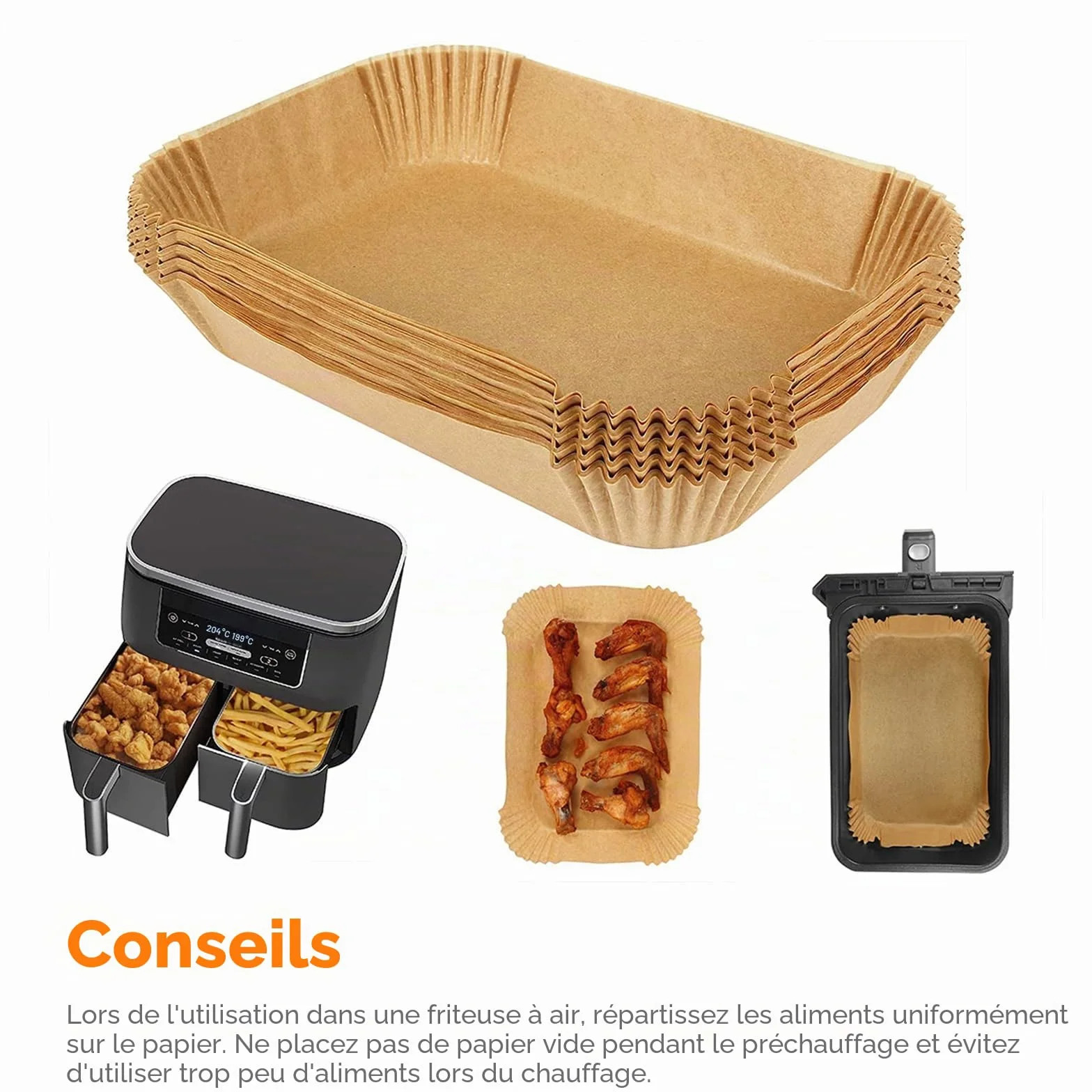 GRIFEMA Papier Air Fryer Rectangulaire 20,5 x 14 cm 100 Pièces Compatible Ninja Dual Zone AF300UK AF400UK Antiadhésif Jetable Sans BPA