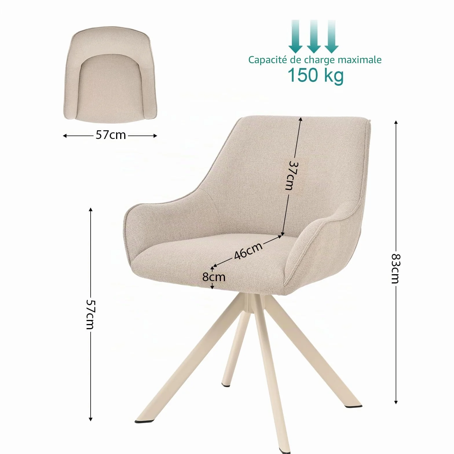 Lot de 6 chaises de salle à manger pivotantes 360° en lin beige avec accoudoirs et structure métal