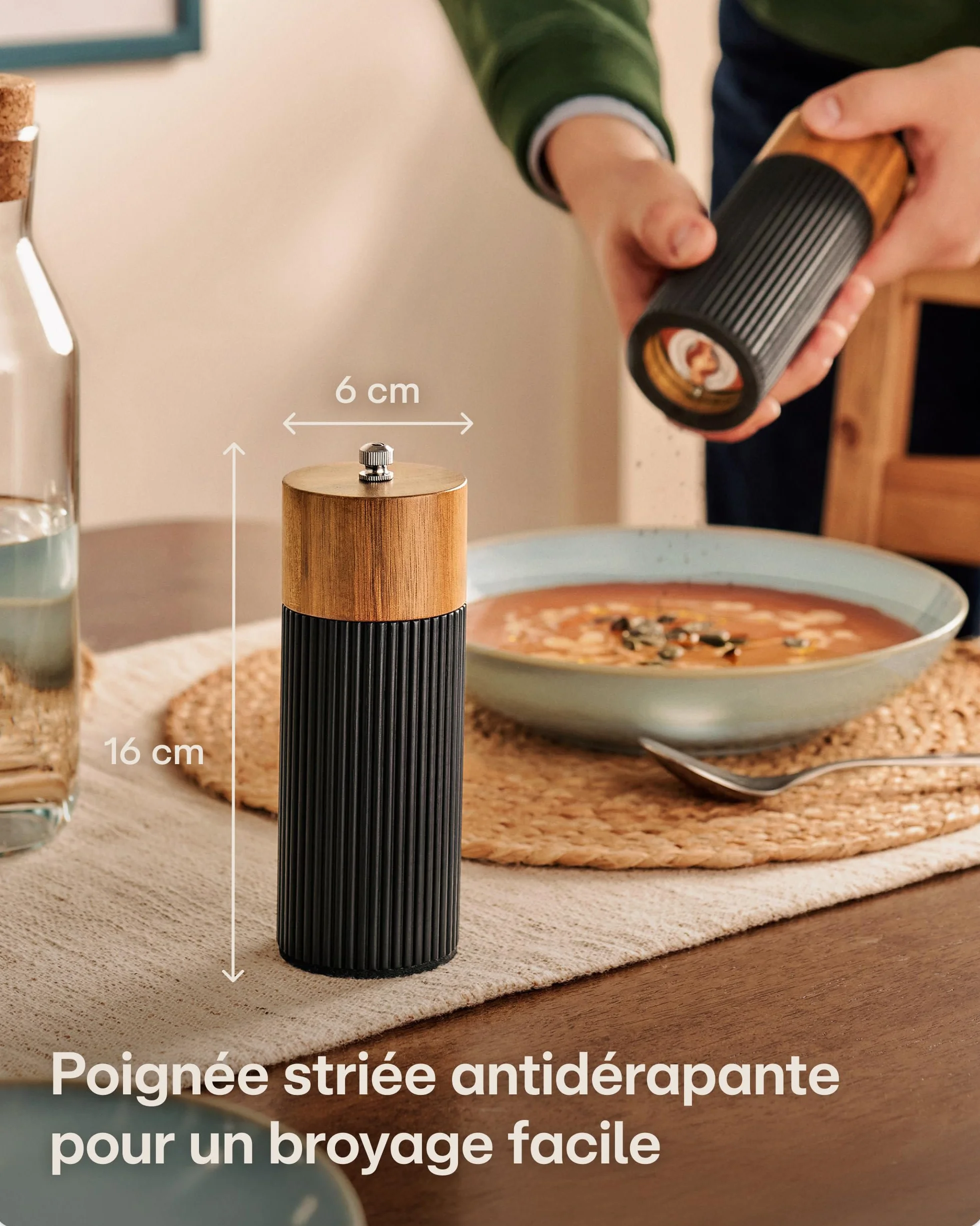 Moulin à Poivre et Sel Manuel en Bois d'Acacia FSC® avec Mécanisme Céramique Réglable Noir Petit