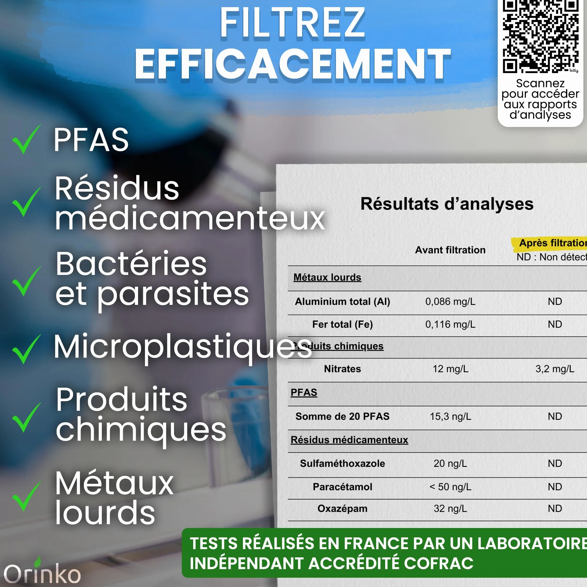 ORINKO Filtre à Eau par Gravité 8,5 L 4 Cartouches Charbon Actif Purificateur d'Eau Fontaine Filtrante