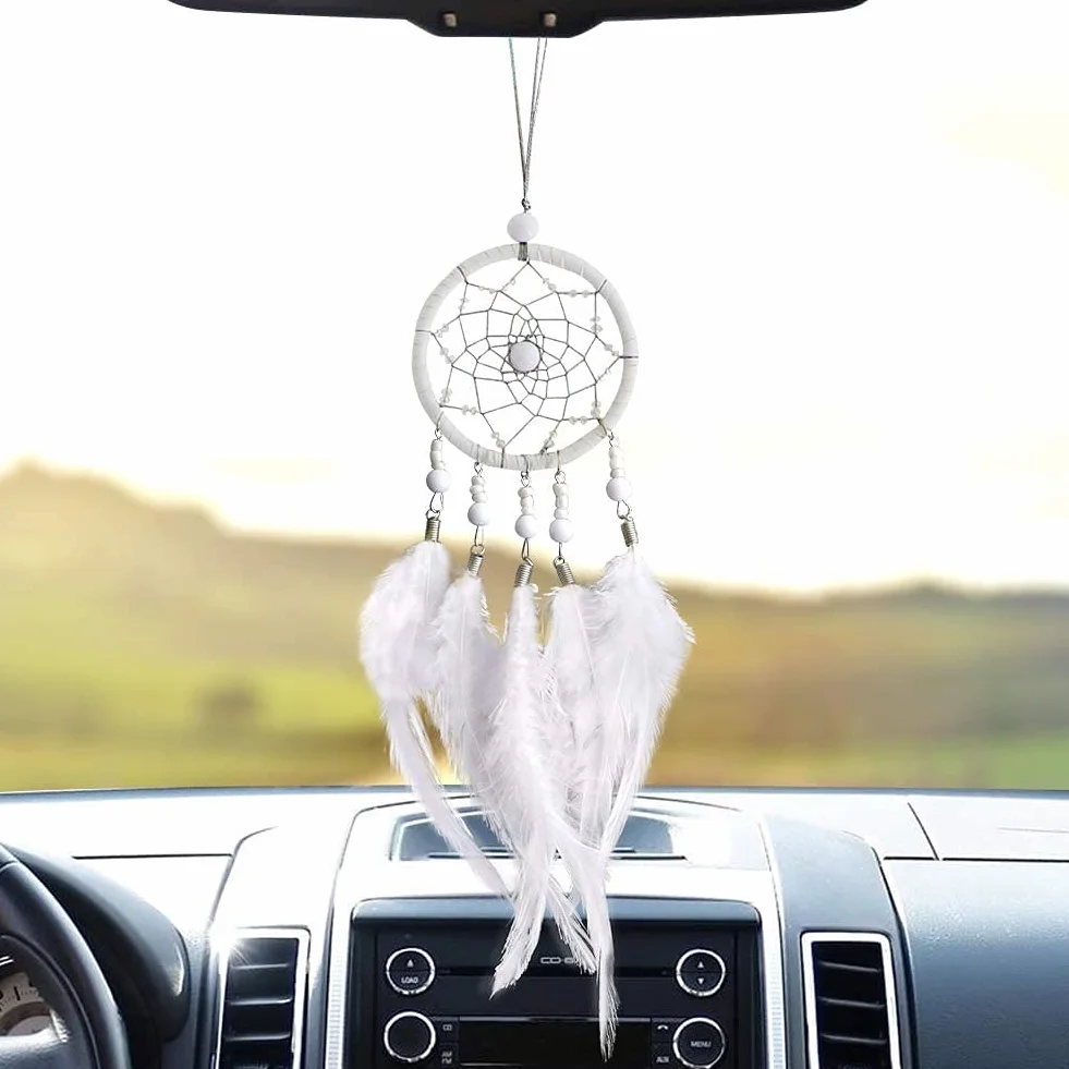 Dream Catcher Ręcznie Robiony Plume Ornament Samochodowy Lusterko Wsteczne Boho Dekoracja Okno Zawieszony Prezent (Blanche)