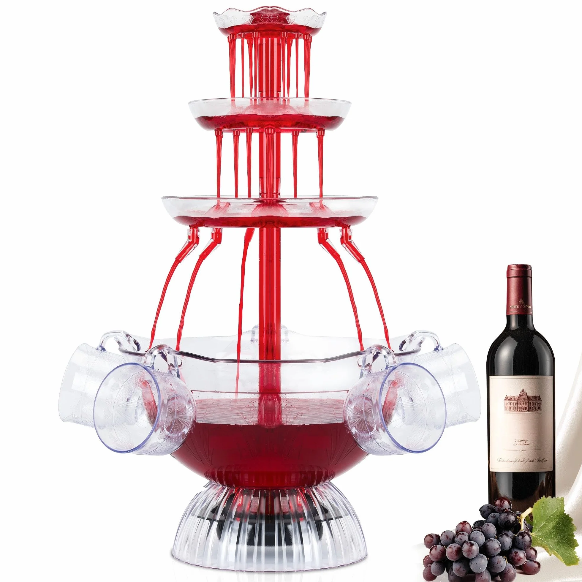 Fontaine à Vin Rouge 3 Niveaux Électrique avec 5 Tasses et Éclairage LED pour Fêtes