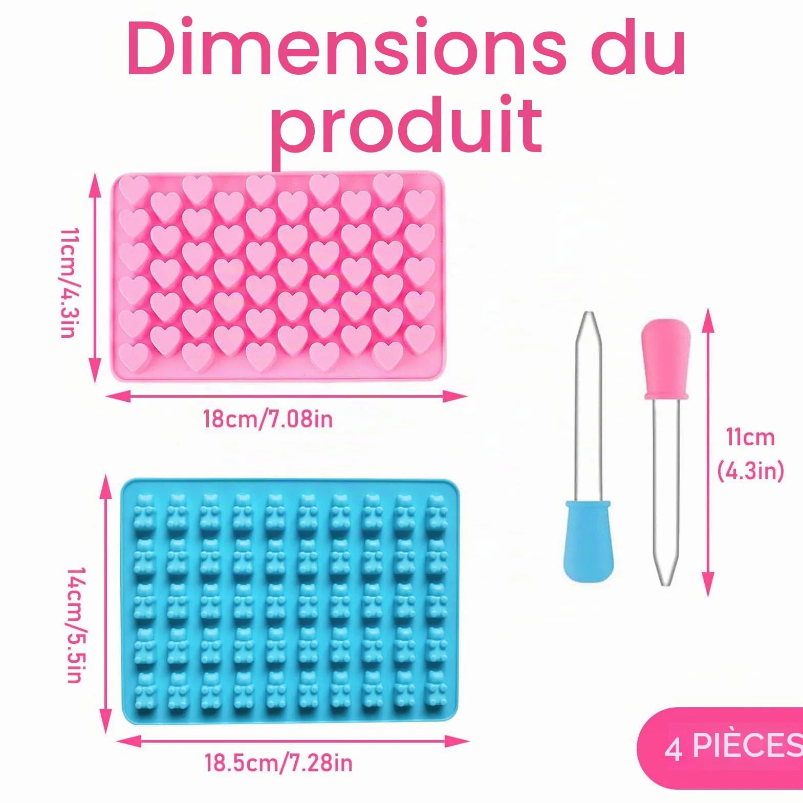 Moules en Silicone pour Oursons, Anti-adhésif, Forme de Cœur, 55 Cœurs/50, Lot de 2 avec Compte-gouttes
