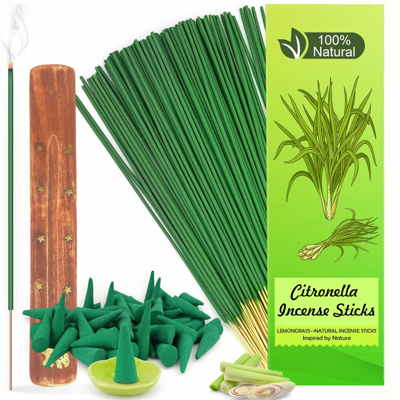 Pack de 120 Bâtonnets d'Encens à la Citronnelle + 30 Cônes avec 2 Porte-encens – Naturel pour Terrasse, Jardin
