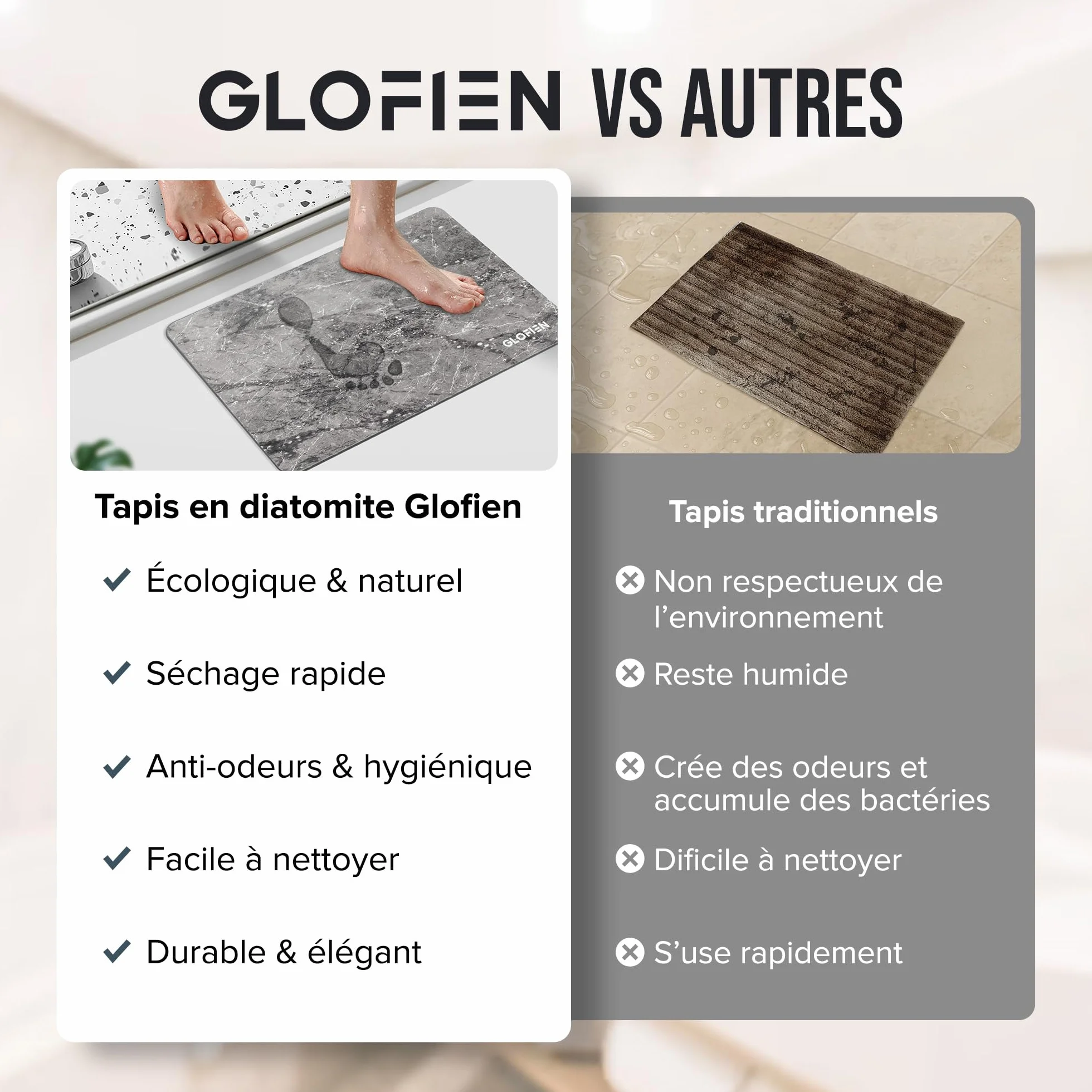 Tapis de Bain Diatomite 60x40 cm Antidérapant Ultra Absorbant Séchage Rapide