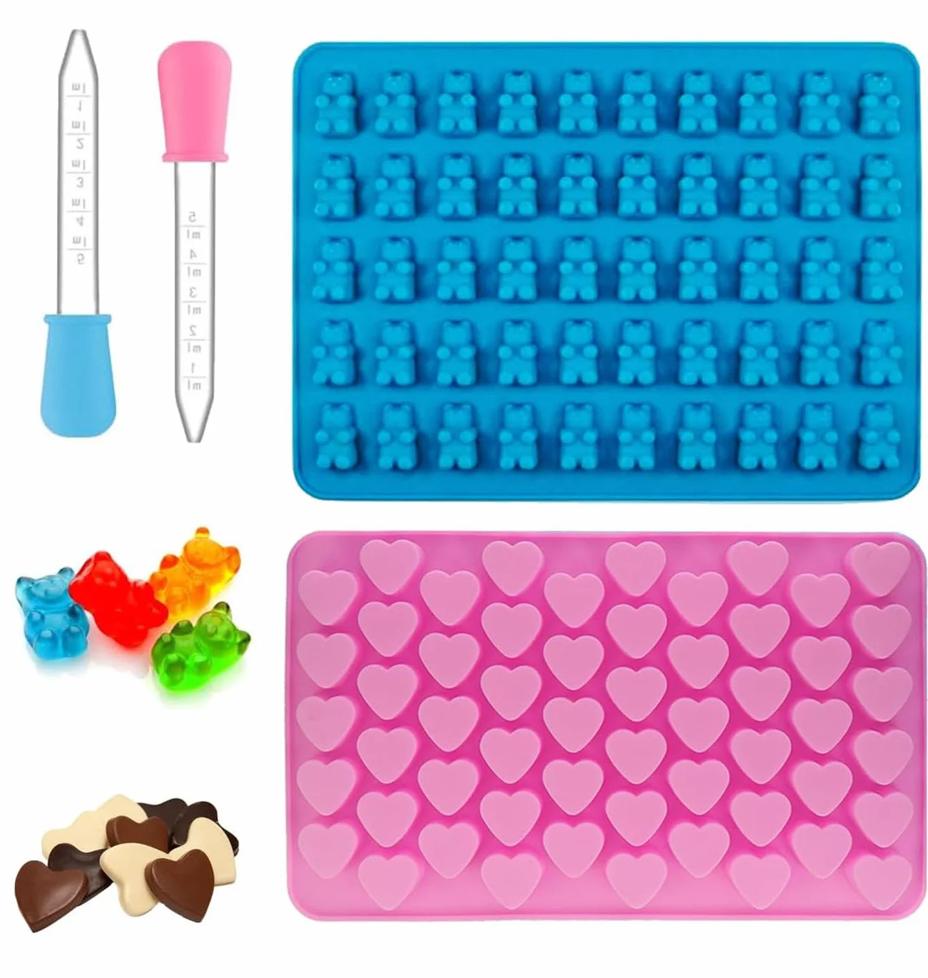 Moules en Silicone pour Oursons, Anti-adhésif, Forme de Cœur, 55 Cœurs/50, Lot de 2 avec Compte-gouttes