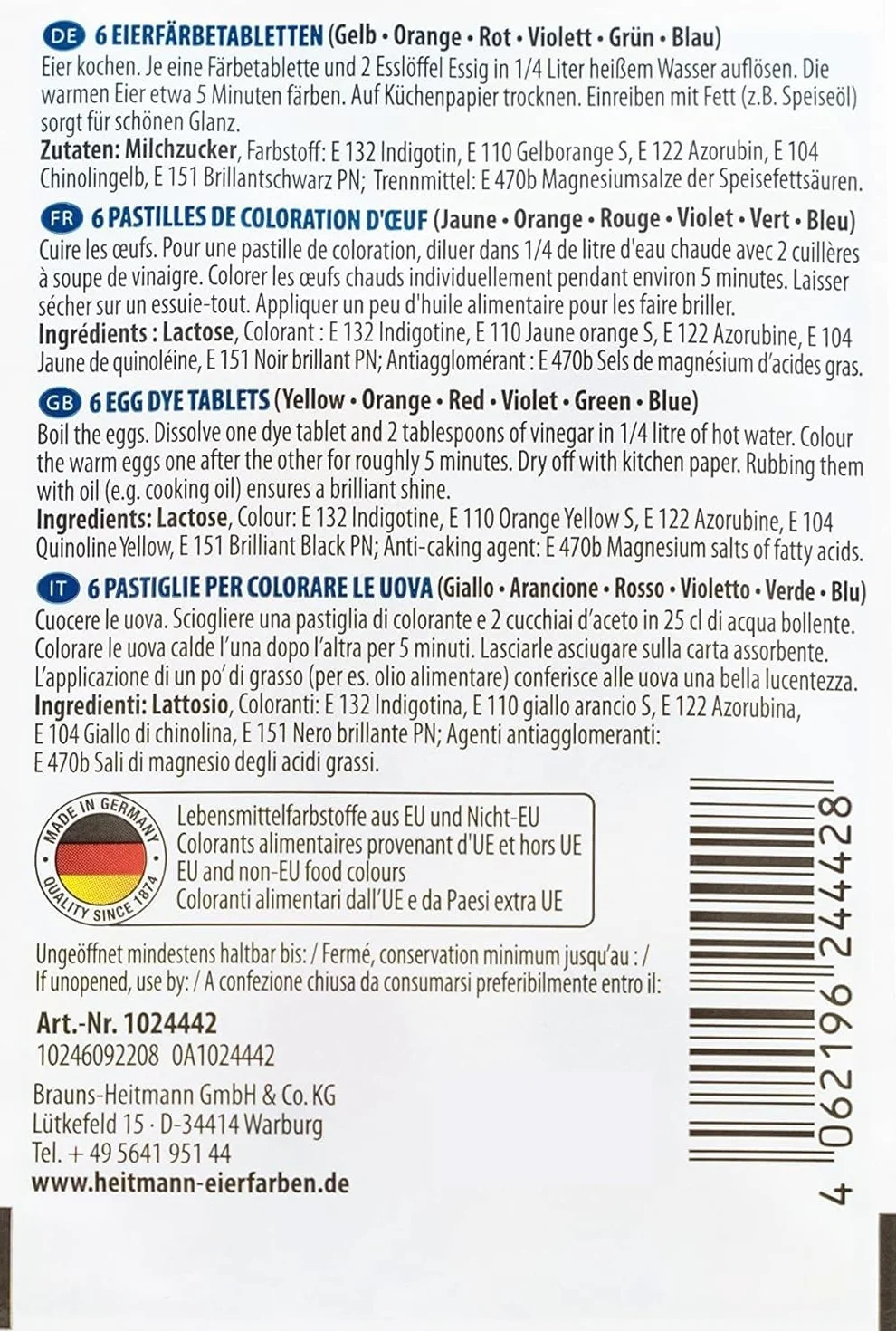 Heitmann Eierfarben 4102AMZ Iris Lot de 5 couleurs pour œufs de cuisine