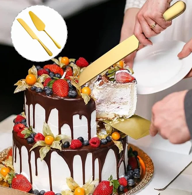Ensemble de couverts à gâteau en acier inoxydable, couteau et spatule, doré (2 pièces)