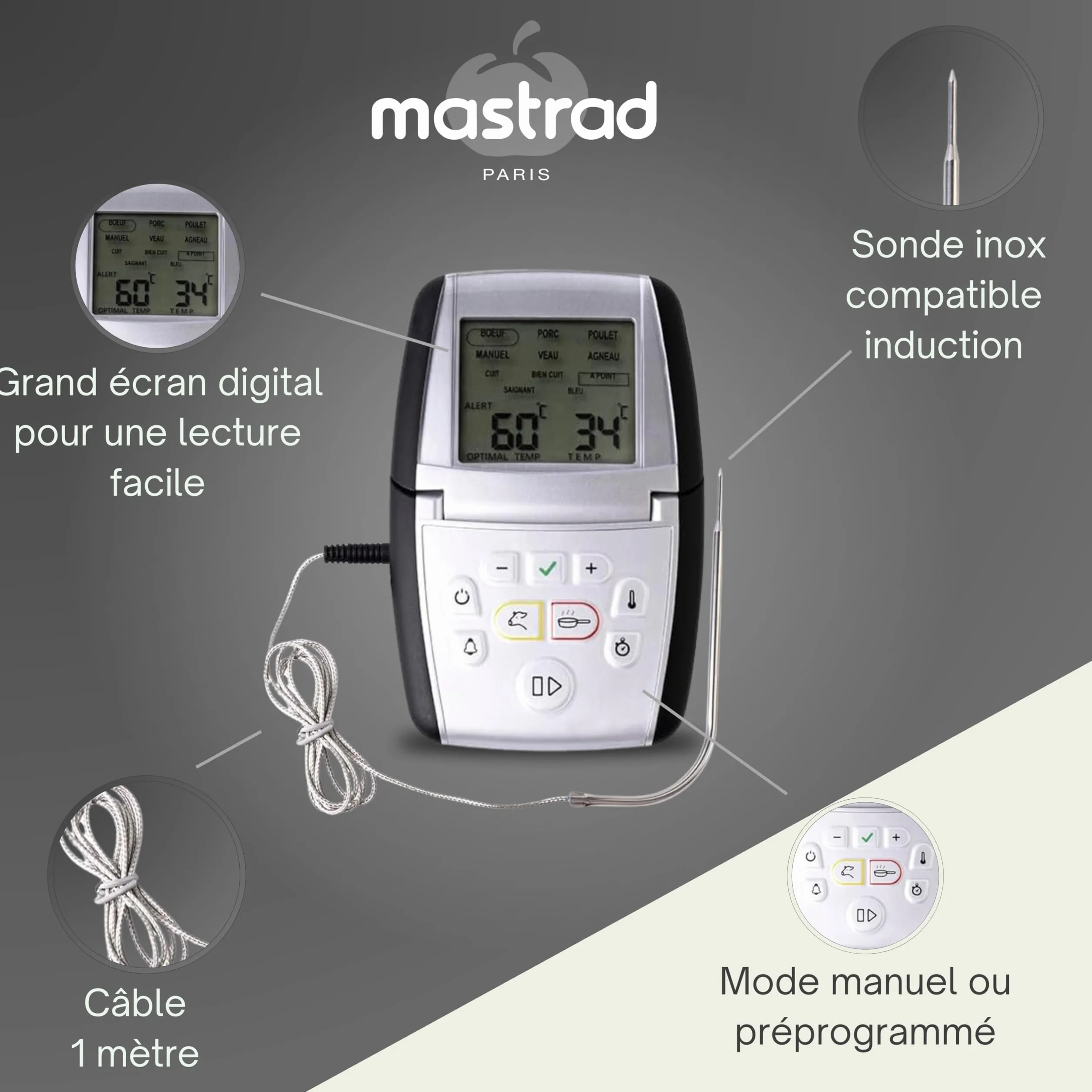 Mastrad Thermosonde De Cuisson m°classic+ Thermomètre Sonde 0-210°C Programmable Viande Cuisson Compatible Four BBQ Induction Alarme Temps Restant 1 Pile AAA