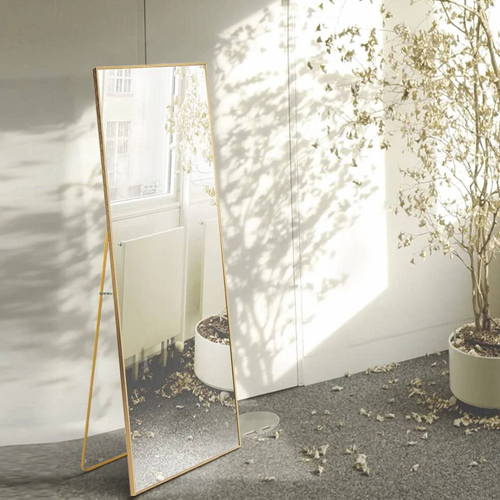 Miroir Pleine Longueur 150x40 cm sur Pied Mural Cadre Simple Doré
