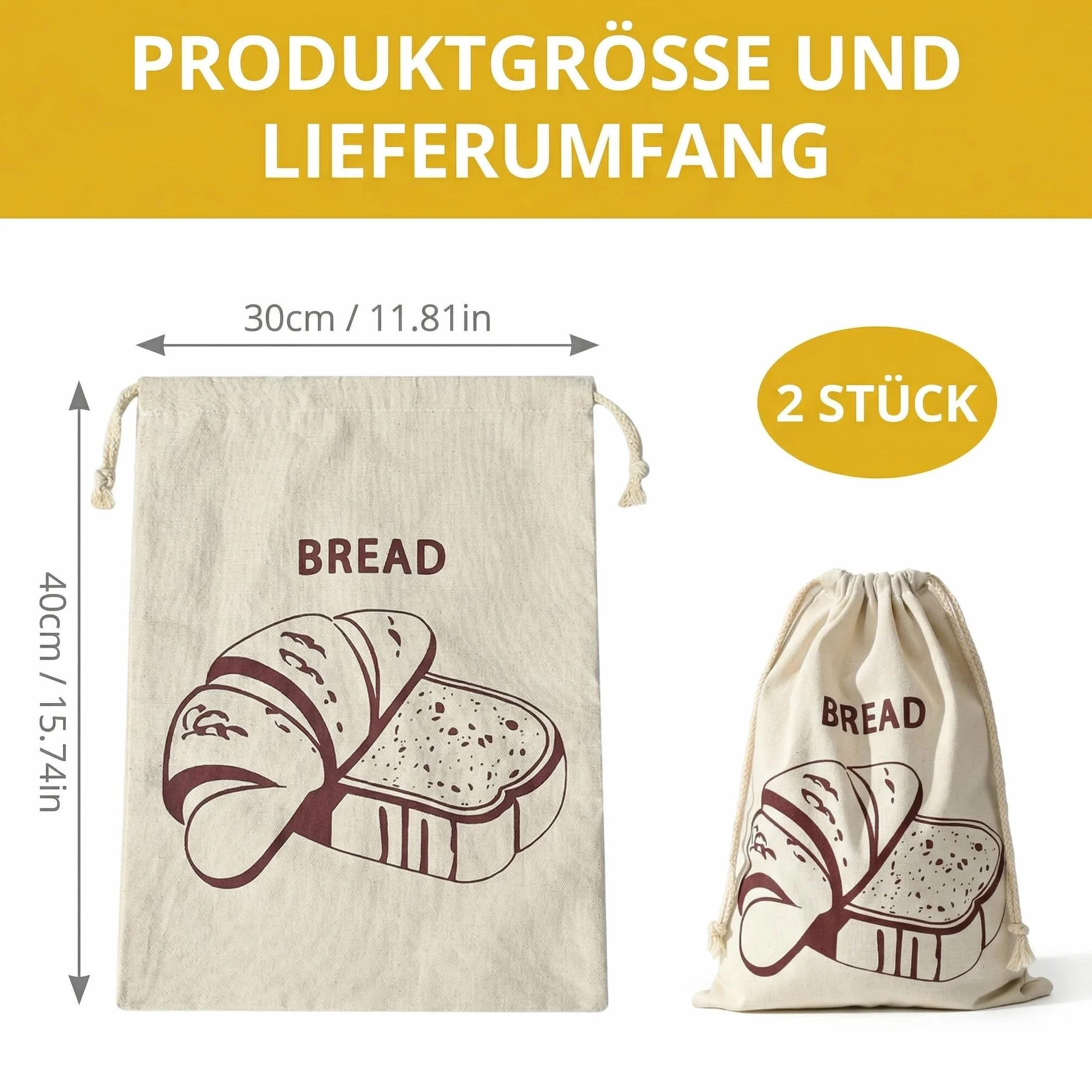 Sac à Pain Réutilisable en Tissu Lot de 2 30 x 40 cm avec Cordon de Serrage pour Baguette Fruits Stockage