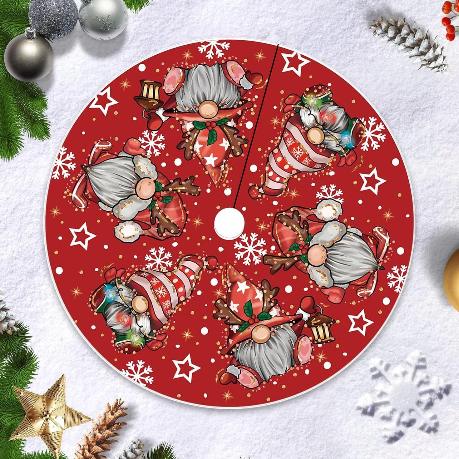 Jupe Sapin De Noël 120cm Couvre Pied Rond Rouge Motif GNOME Tapis Décorations Fête