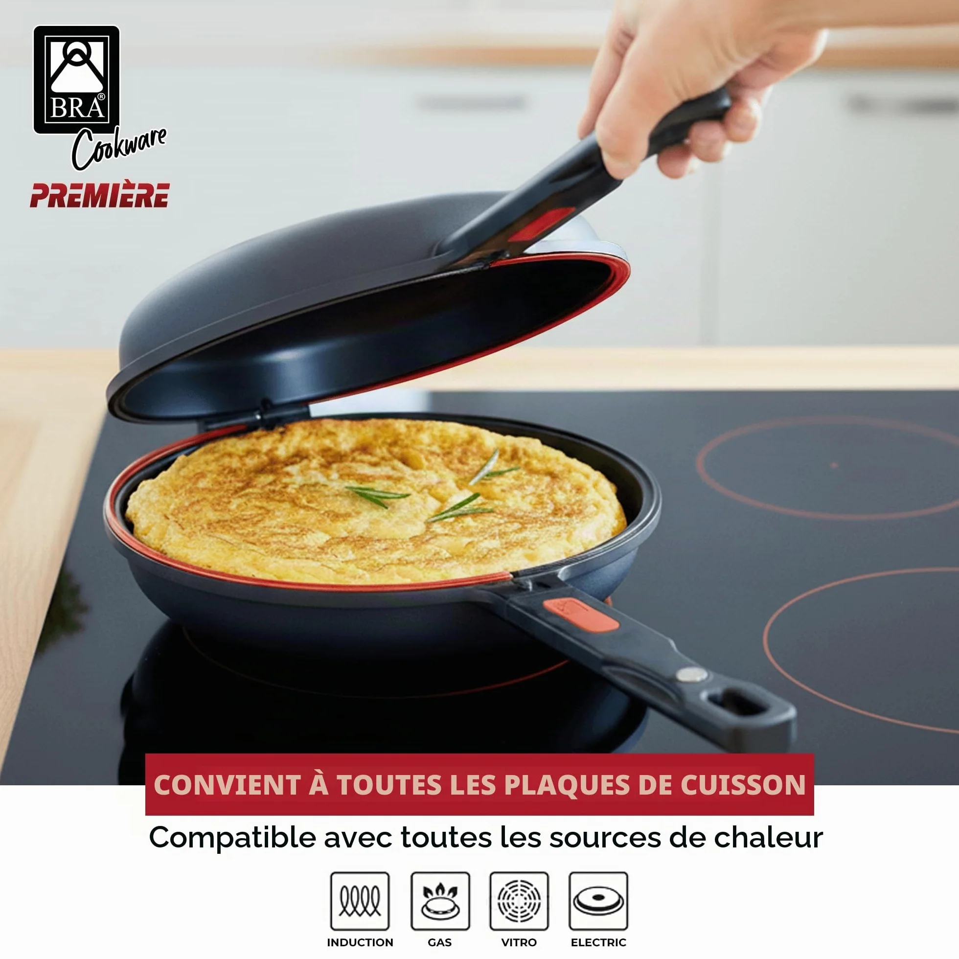 BRA Dupla Premiere Poêle Double à Omelette 24 cm, Noir, Fonte Aluminium Antiadhésif sans PFOA, Tous Feux Dont Induction