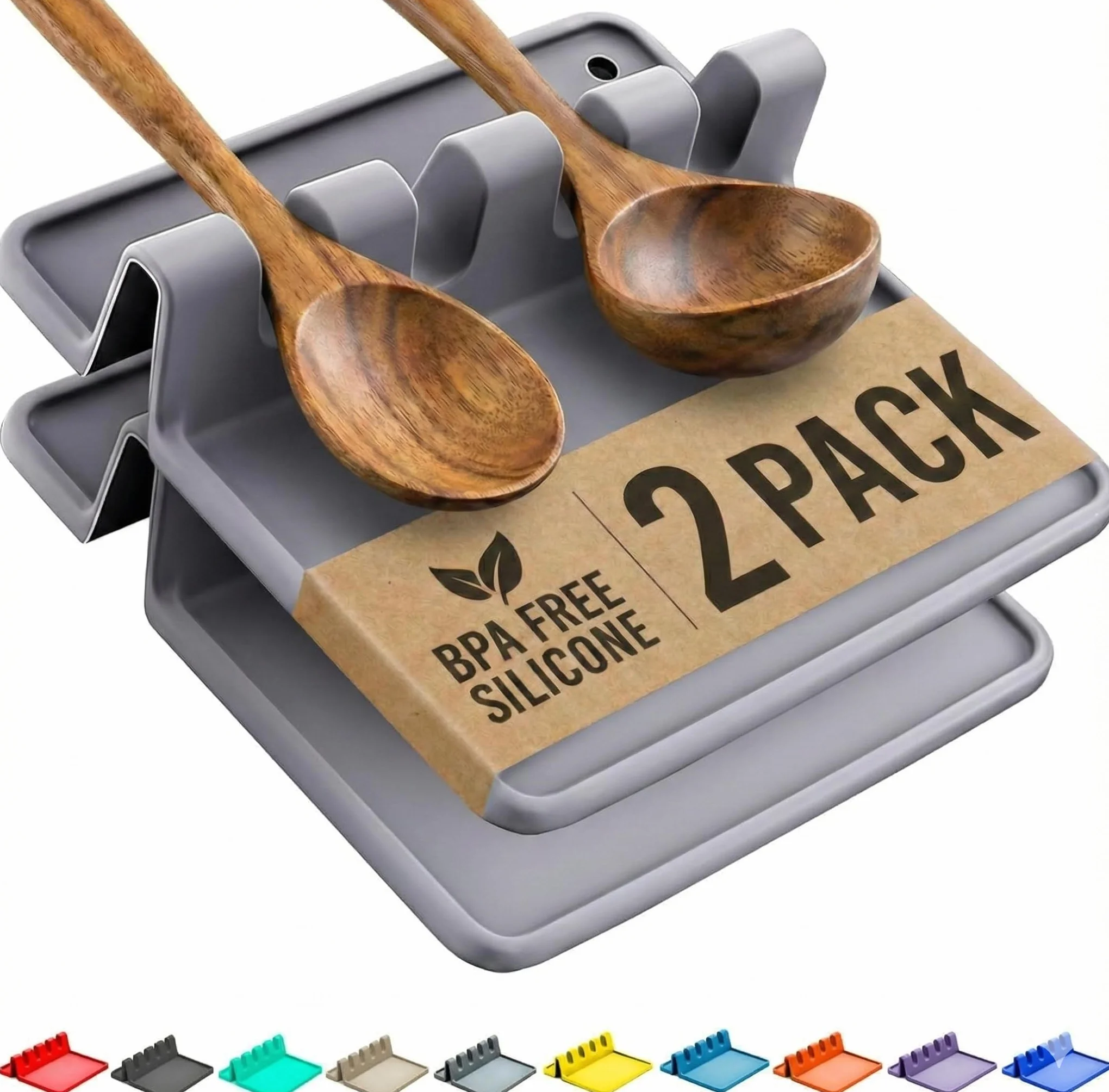 Porte Ustensiles Cuisine Thermorésistant, Pack de 2 - Cooler Kitchen Repose Cuillère avec Égouttoir (Gris)