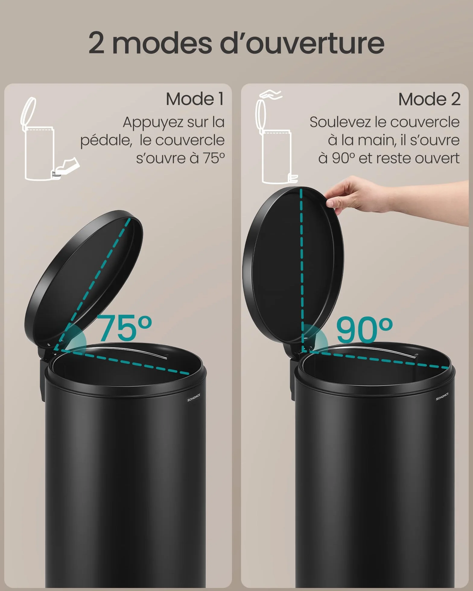 SONGMICS Poubelle 30 L Rond, Acier, Noir d'Encre, Pédales en Métal, Seau Amovible