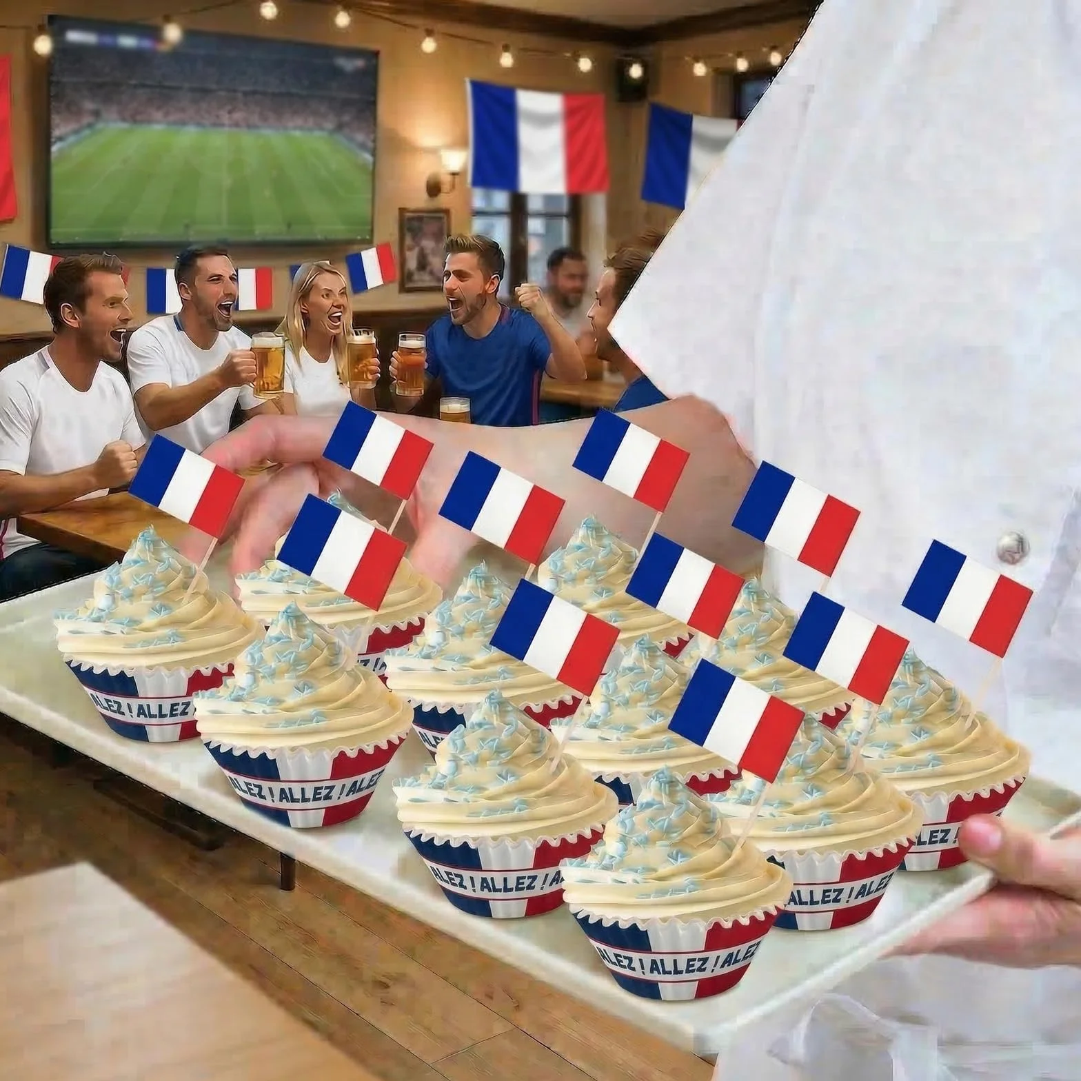 France Cupcake Cure Dents et Drapeau, Mini Cure Dents Couleurs du Drapeau, Caissettes Noirs Rouges Dorés, Idéal Coupe du Monde Fête Football